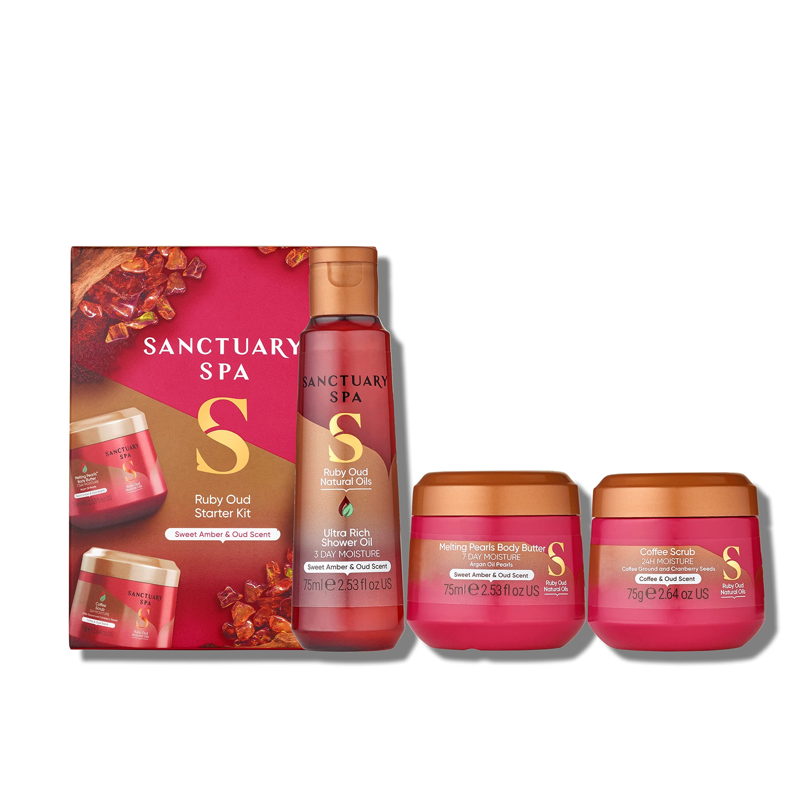 Sanctuary Spa Ruby Oud Gift Set – Vegan & Cruelty-Free 3-Piece Travel Spa Trio with Shower Oil, Coffee Scrub & Body Butter – Luxurious Oud & Amber Fragrance