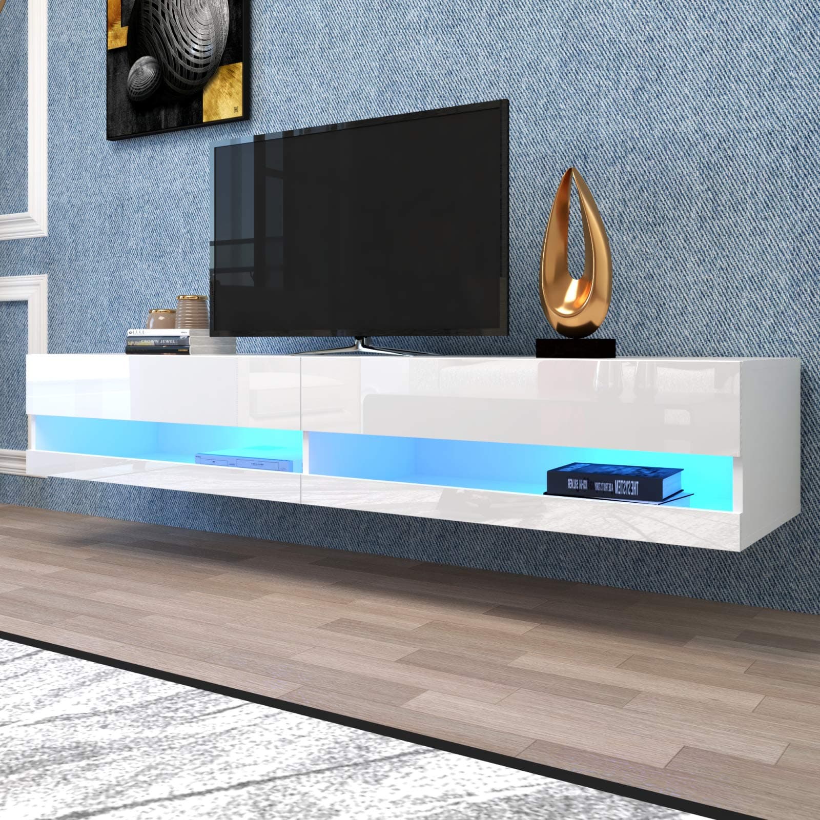 71 Inch TV Stand Cabinet Wall Mounted Floating Television Stand up to 80" TVs with 20 Color LEDs White Modern High Gloss Storge Shelf Entertainment Center Console Table for Living Room