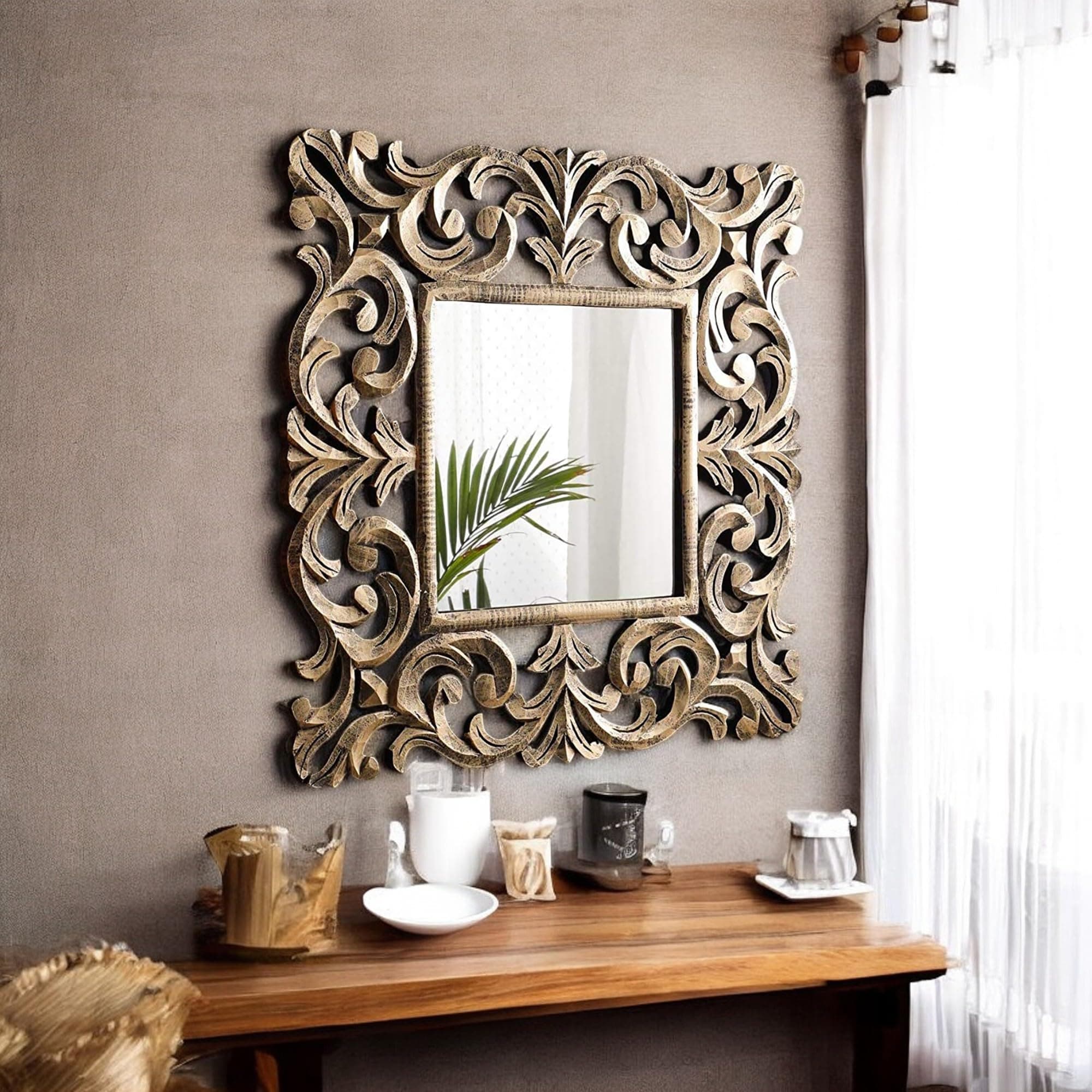 THE URBAN STORE Wall Mirror Wooden Brushed Golden Black Color 24"x24" Pack of One French Style Elegantly Hand Crafted Floral Carving Mirror for Home and Office Decor TUSMR11