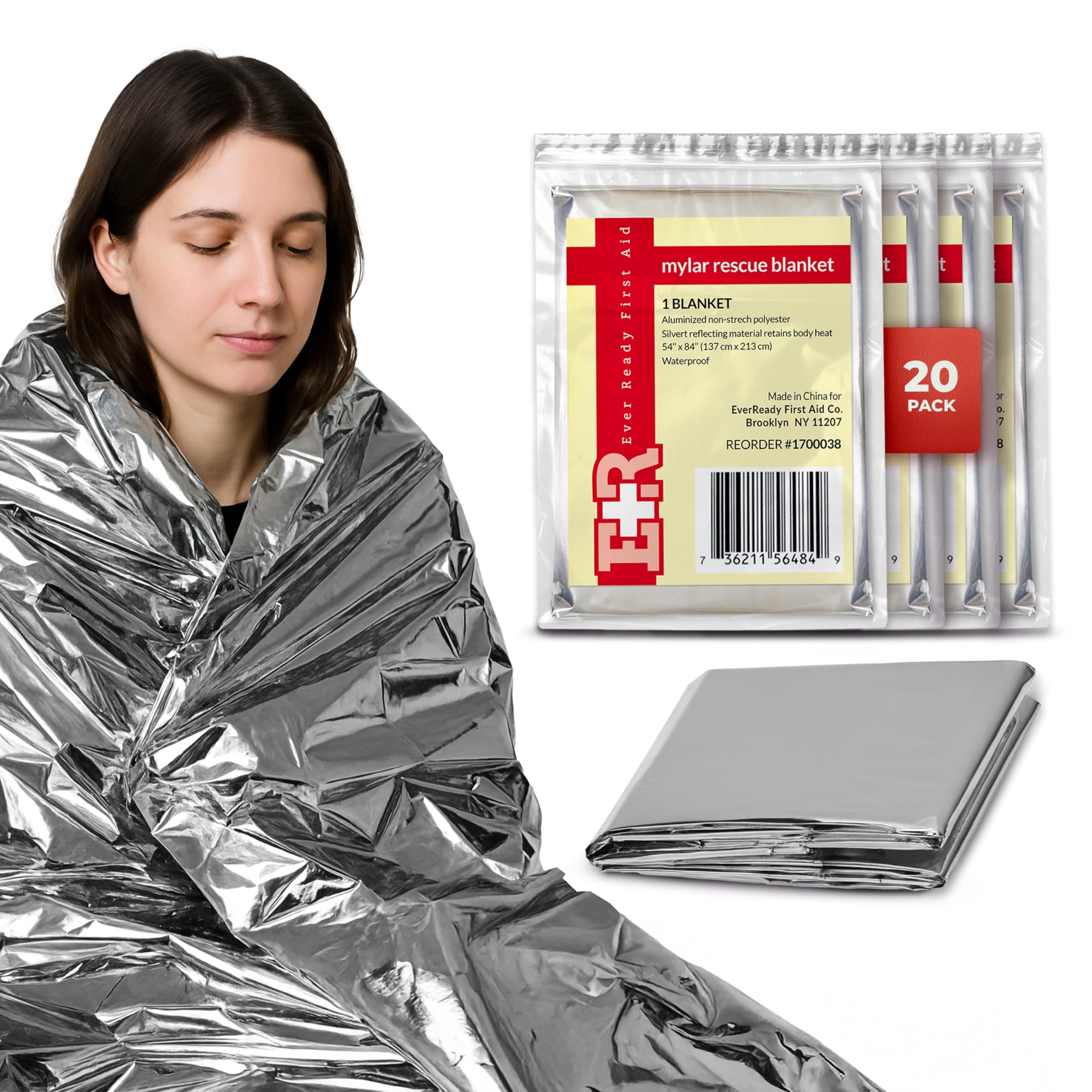 Ever Ready First Aid Mylar Rescue Blanket, Large Silver Thermal Sheet for Emergency and Survival, 54” x 84” – 20 Count