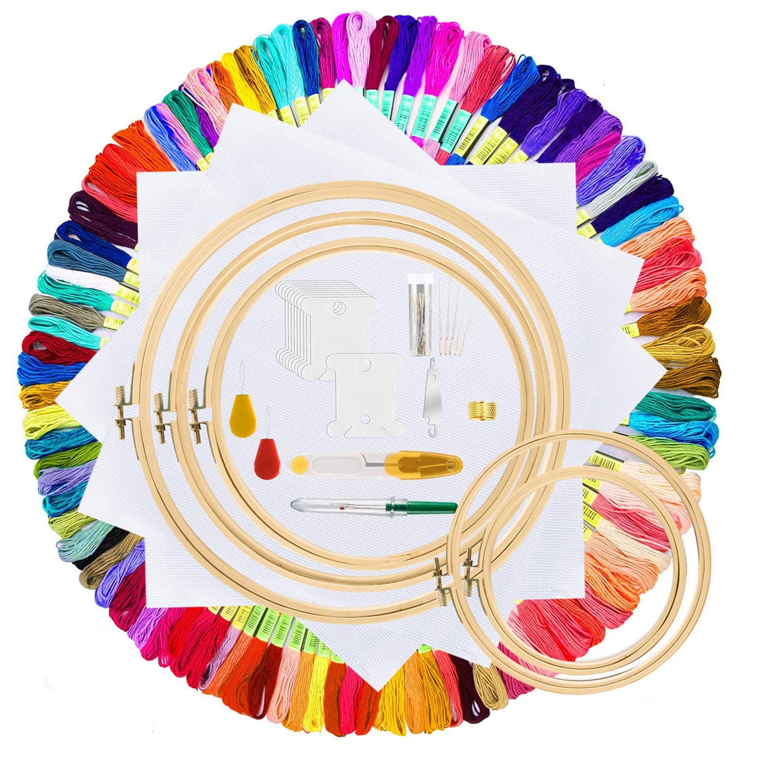 GIEMSON Full Range of Embroidery Starter Kit Including 100 Colors Embroidery Threads, 5 Pcs Embroidery Hoops, 3 Pcs Aida Cloth, 30 Sewing Pins and Cross Stitch Tools for Adults and Kids Beginners
