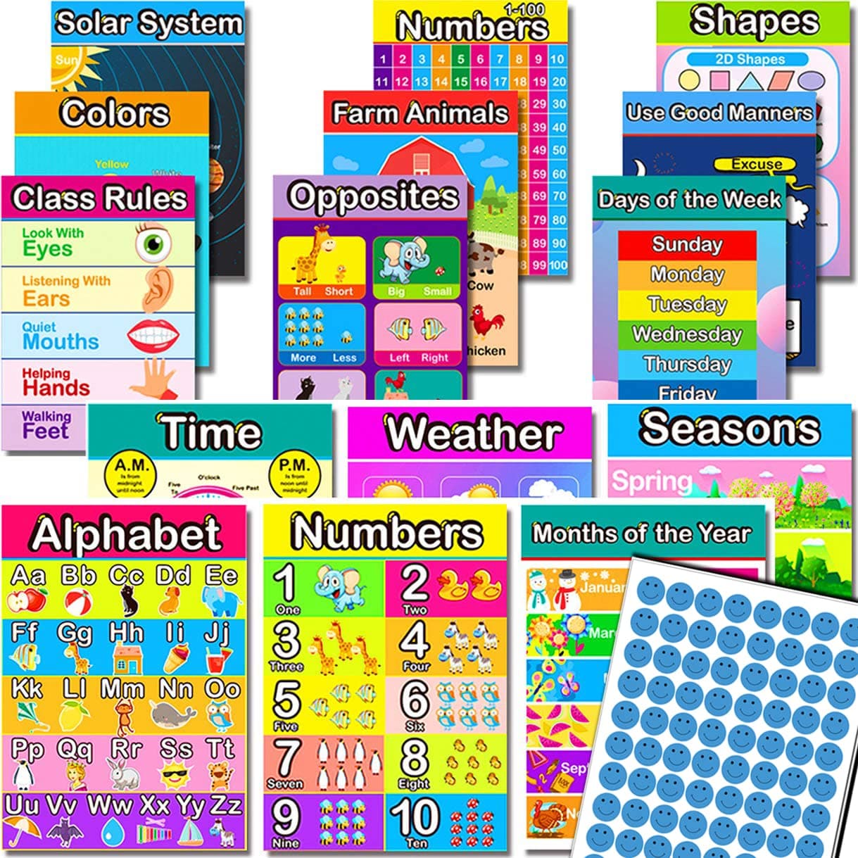 LARGE SIZE Educational Preschool Poster,Easy Read & Learn Design for Toddlers Kids Nursery Homeschool Kindergarten Classroom Playroom -Teach Alphabet, Numbers, Days, Colors and More (15 Pieces)
