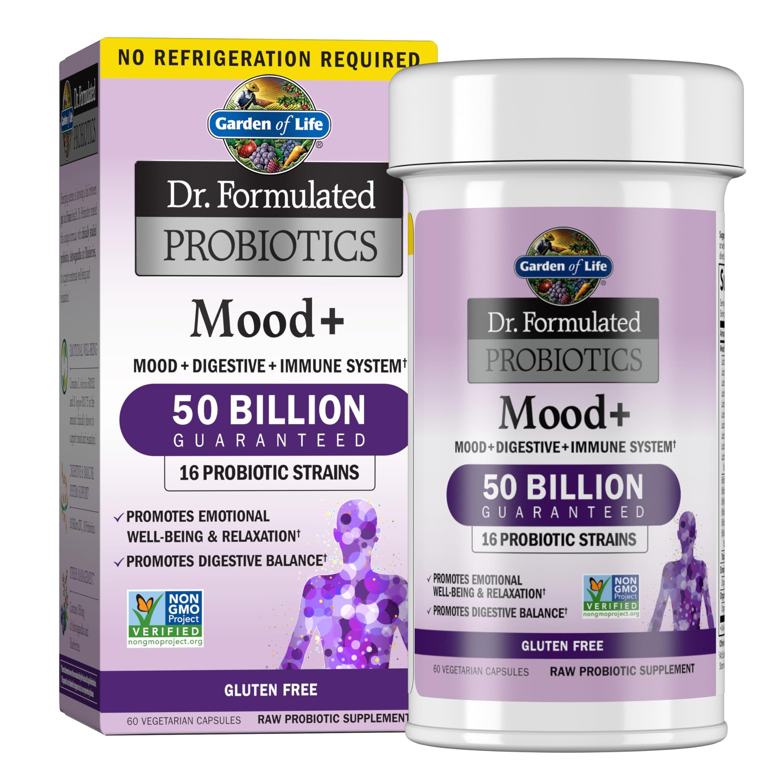 Garden of Life Dr. Formulated Probiotics Mood+ - Acidophilus Probiotic Supplement - Promotes Emotional Health, Relaxation, Digestive Balance, Gluten Free - 60 Vegetarian Capsules *Packaging May Vary*