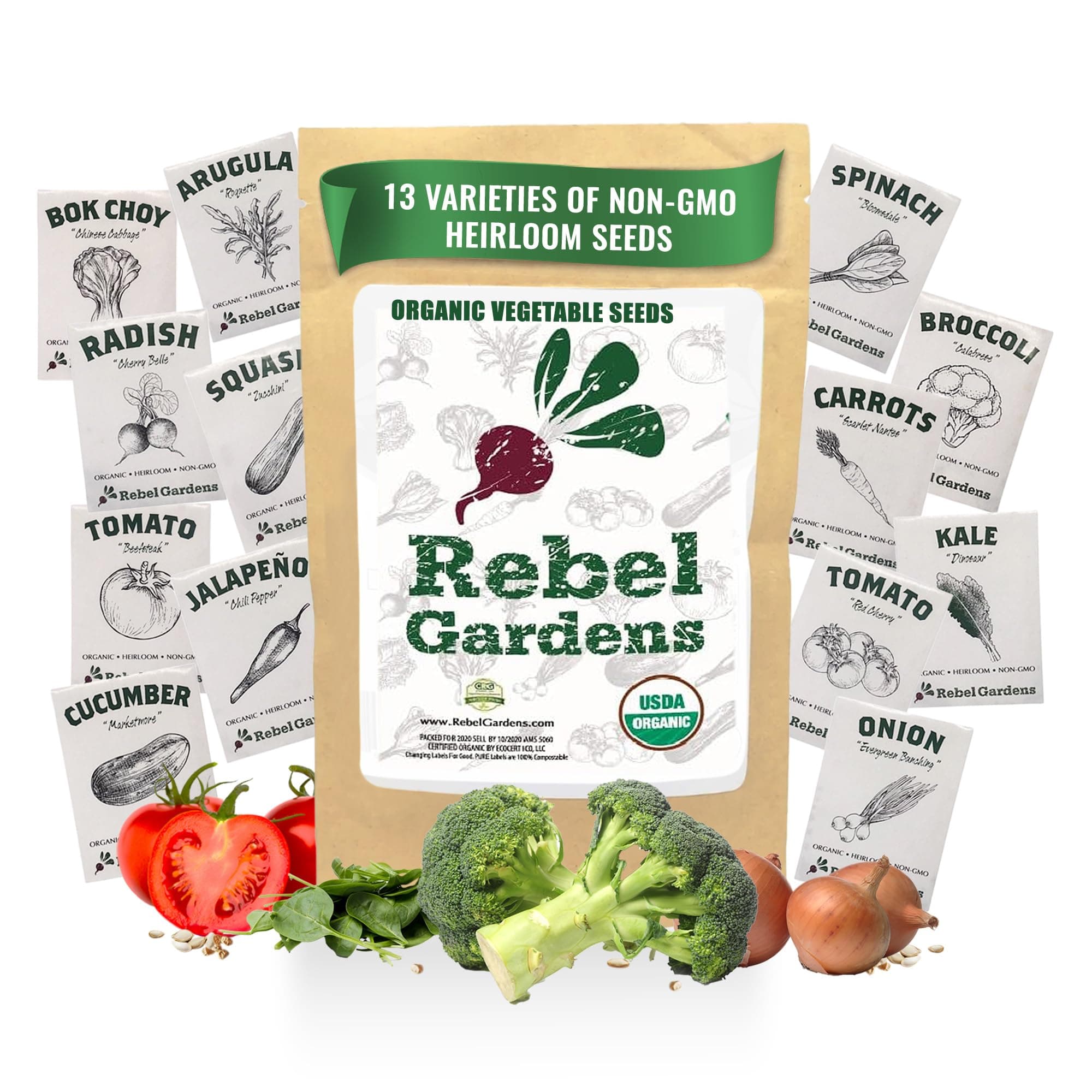 Organic Vegetable Seeds for Planting - 13 Varieties of Non GMO, Non Hybrid, Heirloom Seeds, Open Pollinated Home Garden Seeds - Tomatoes, Kale, Carrots, Broccoli, Arugula, and More