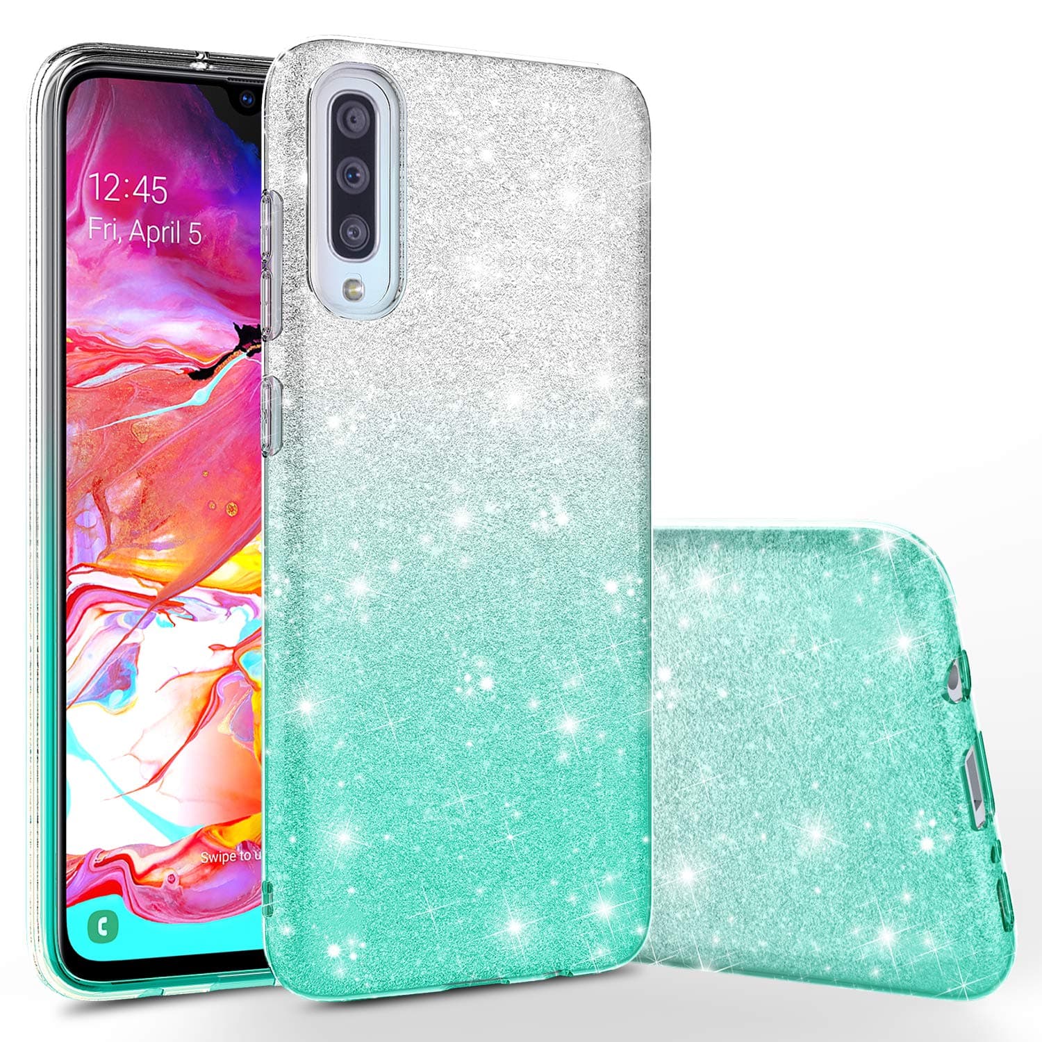 Rosebono Compatible with Samsung Galaxy A70 Case, Cute Fashinon Slim Luxury Shinning Sparkle Bling Glitter Protective Cover for Samsung Galaxy A70 (Silver/Teal)
