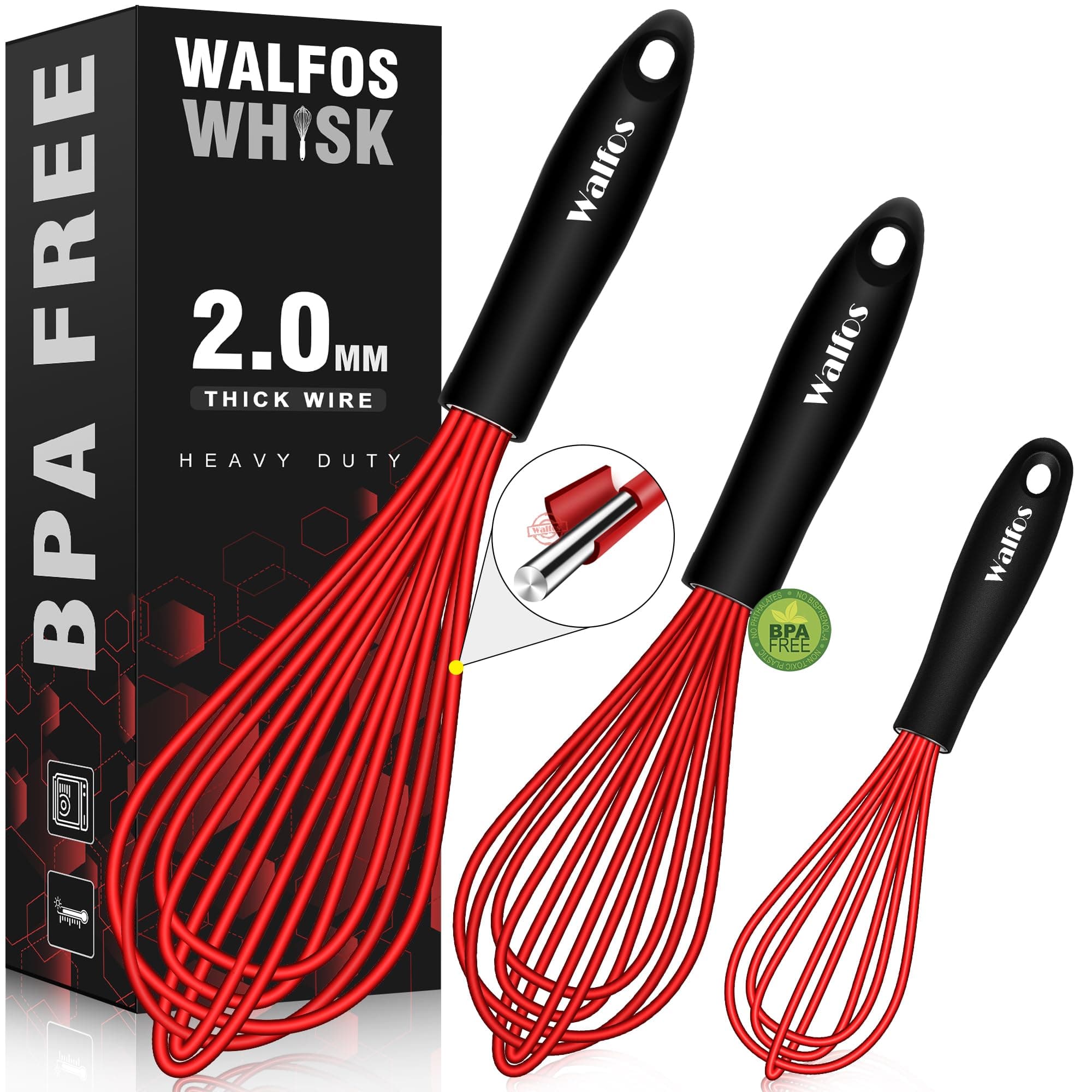 Walfos Whisk,Silicone Whisks- Heat Resistant(480°F) Silicone Whisks for Cooking Non Scratch,BPA free and Dishwasher Safe.Perfect for Blending,Whisking,Beating, Set of 3(Red)