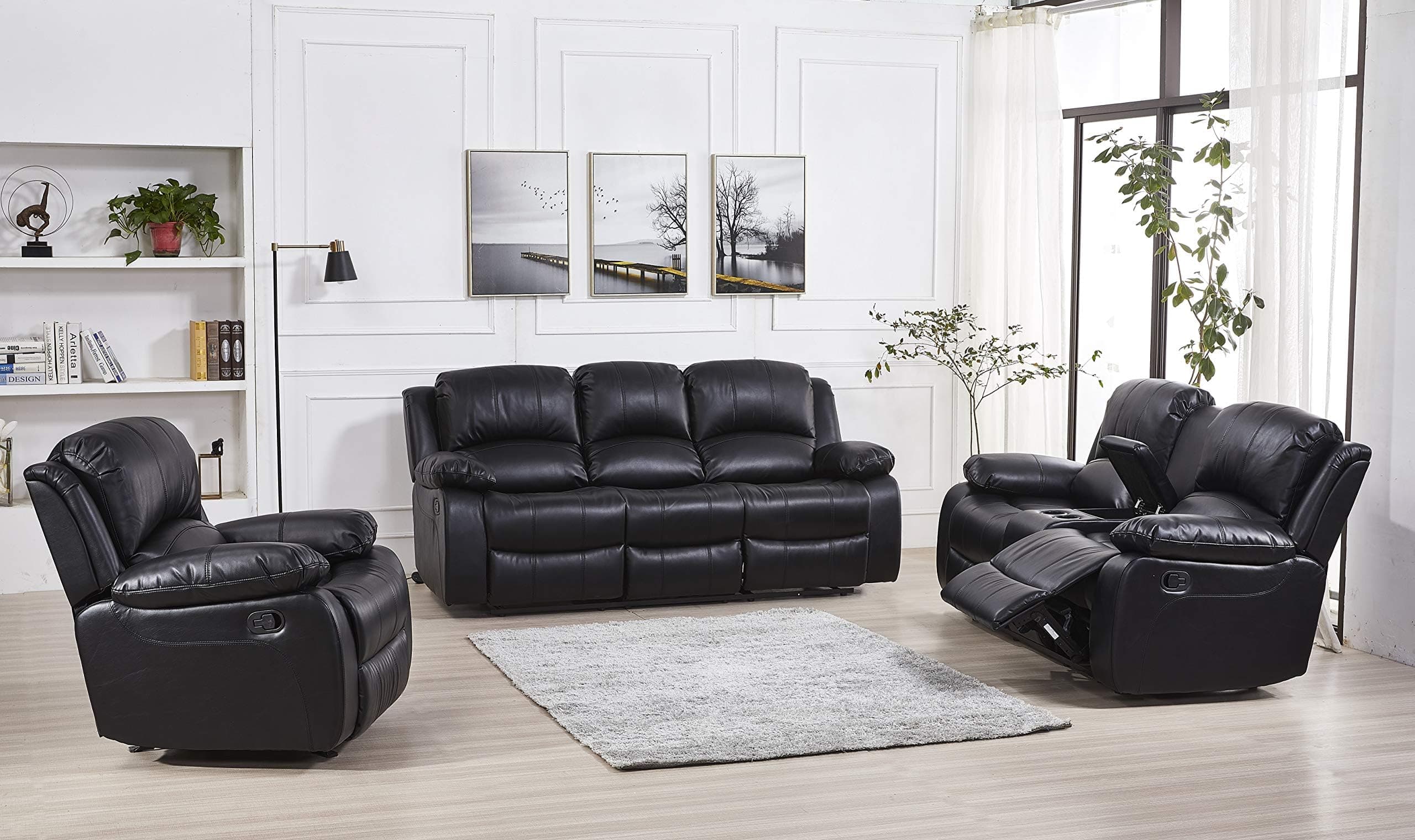 Betsy Furniture 3PC Faux Leather Reclining Couch Set, Living Room Furniture Set, Sofa, Loveseat, Glider, 8018 Multiple Colors (Black, Sofa+Loveseat+Chair)