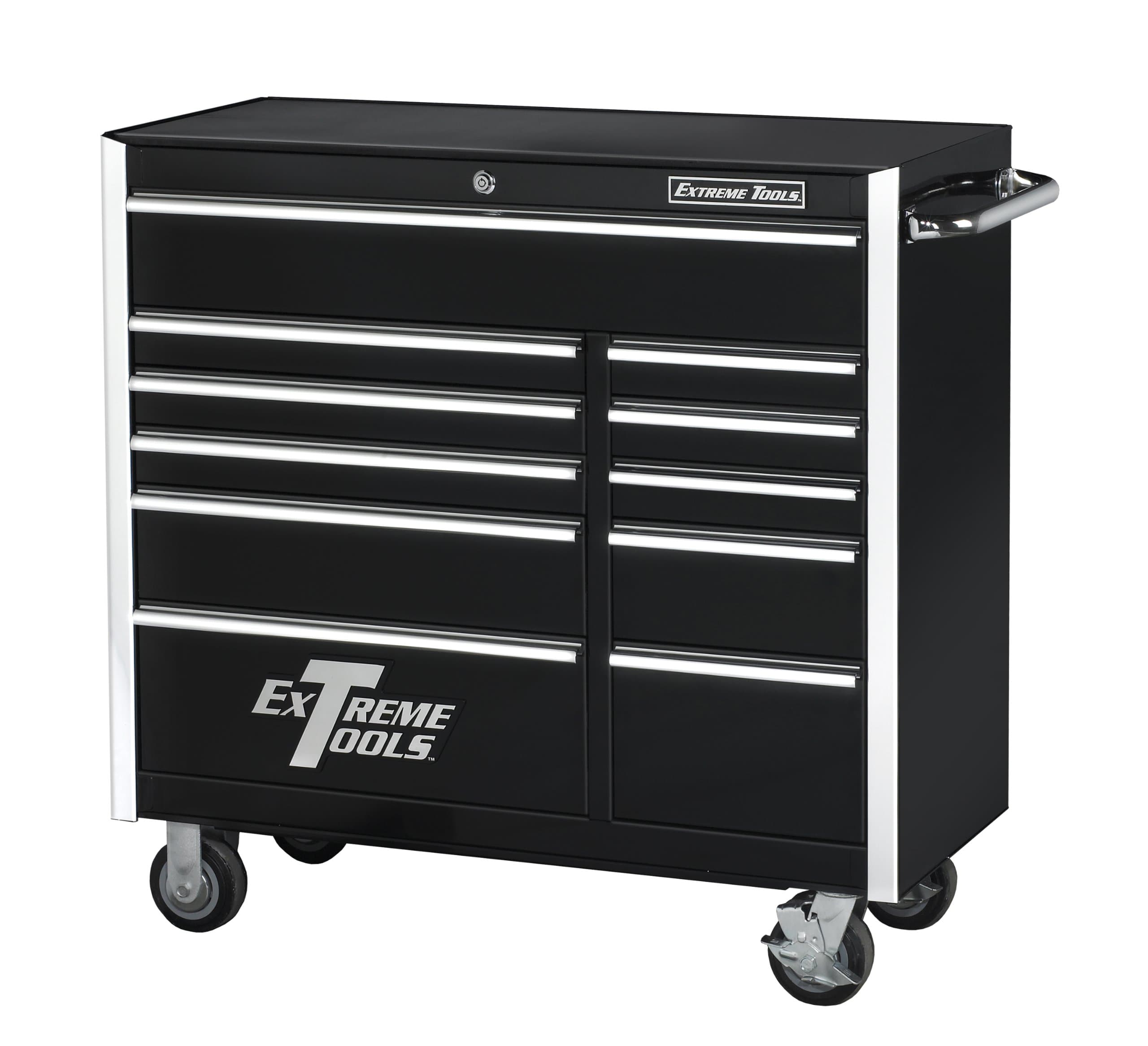 Extreme Tools EX4111RCBK 11 Drawer Roller Cabinet with Ball Bearing Slides, 41-Inch, Black High Gloss Powder Coat Finish