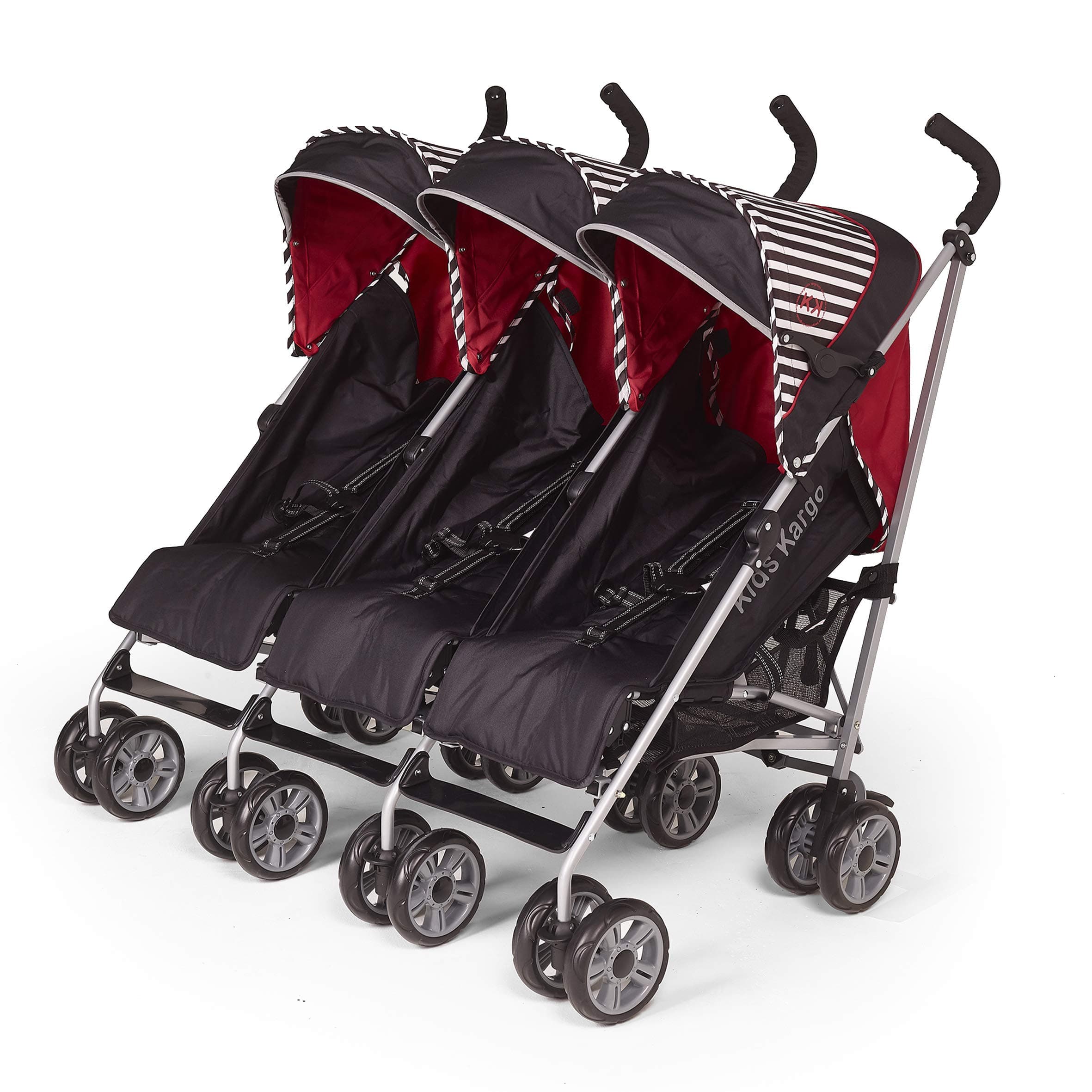 Kids Kargo Triple Pushchair with Raincover & Safety Strap Reflector Strips - Oxford Stripe