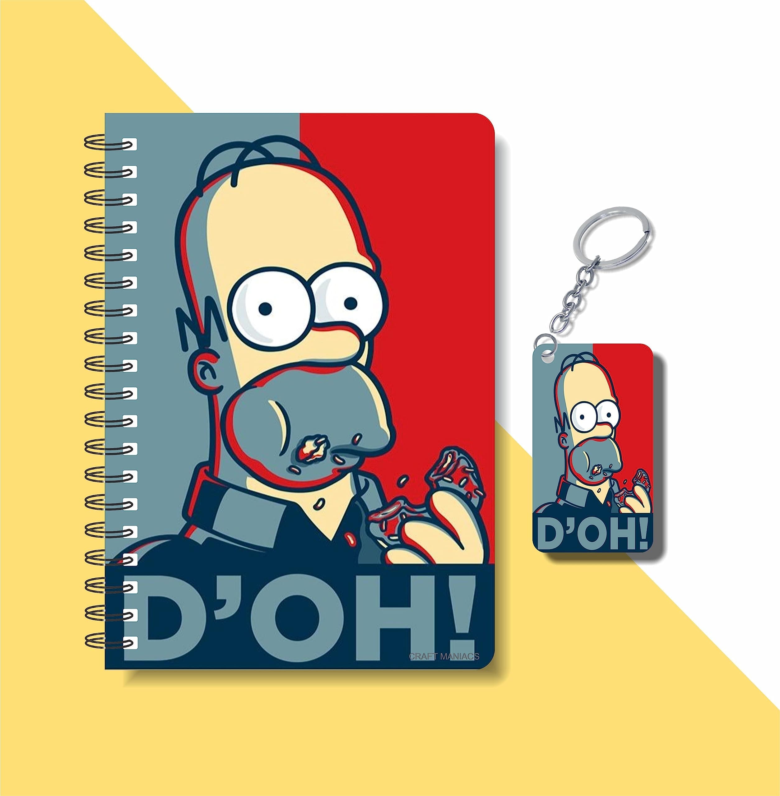 CRAFT MANIACS HOMER SIMPSON CLASSIC RED BLUE POSTER ROUND CORNER PRINTED A5 160 RULED PAGES NOTEBOOK & FREE KEYCHAIN | BEST GIFT FOR CARTOON LOVERS