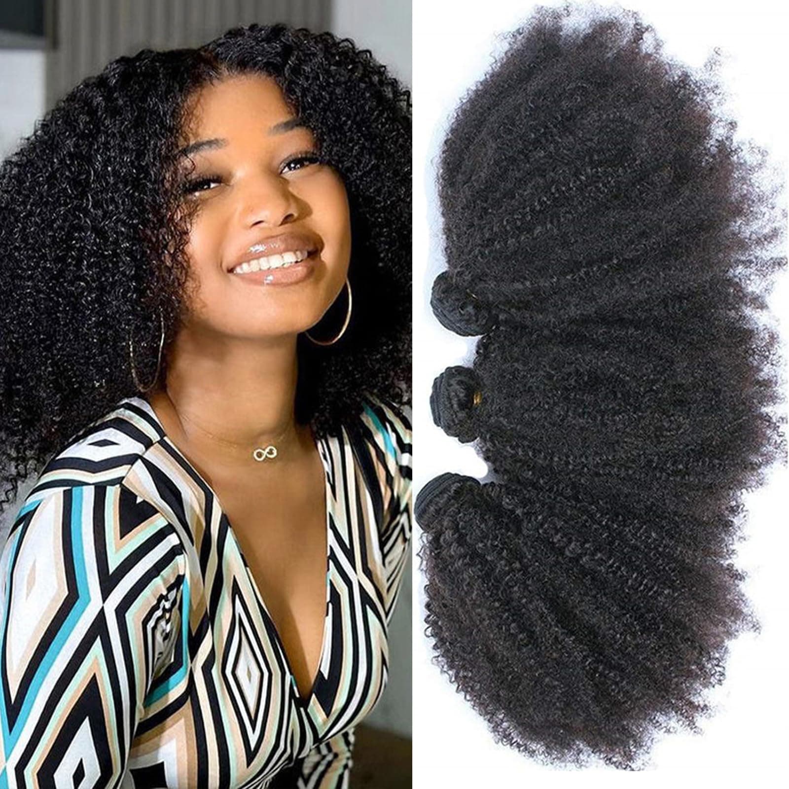 Mongolian Afro Kinky Curly Bundles Human Hair Bundles 8 10 12 Inches 4B 4C Afro Kinky Bulk Human Hair Virgin Hair Burmese Curly Weave Bundles for Black Women Weft Natural Black Color