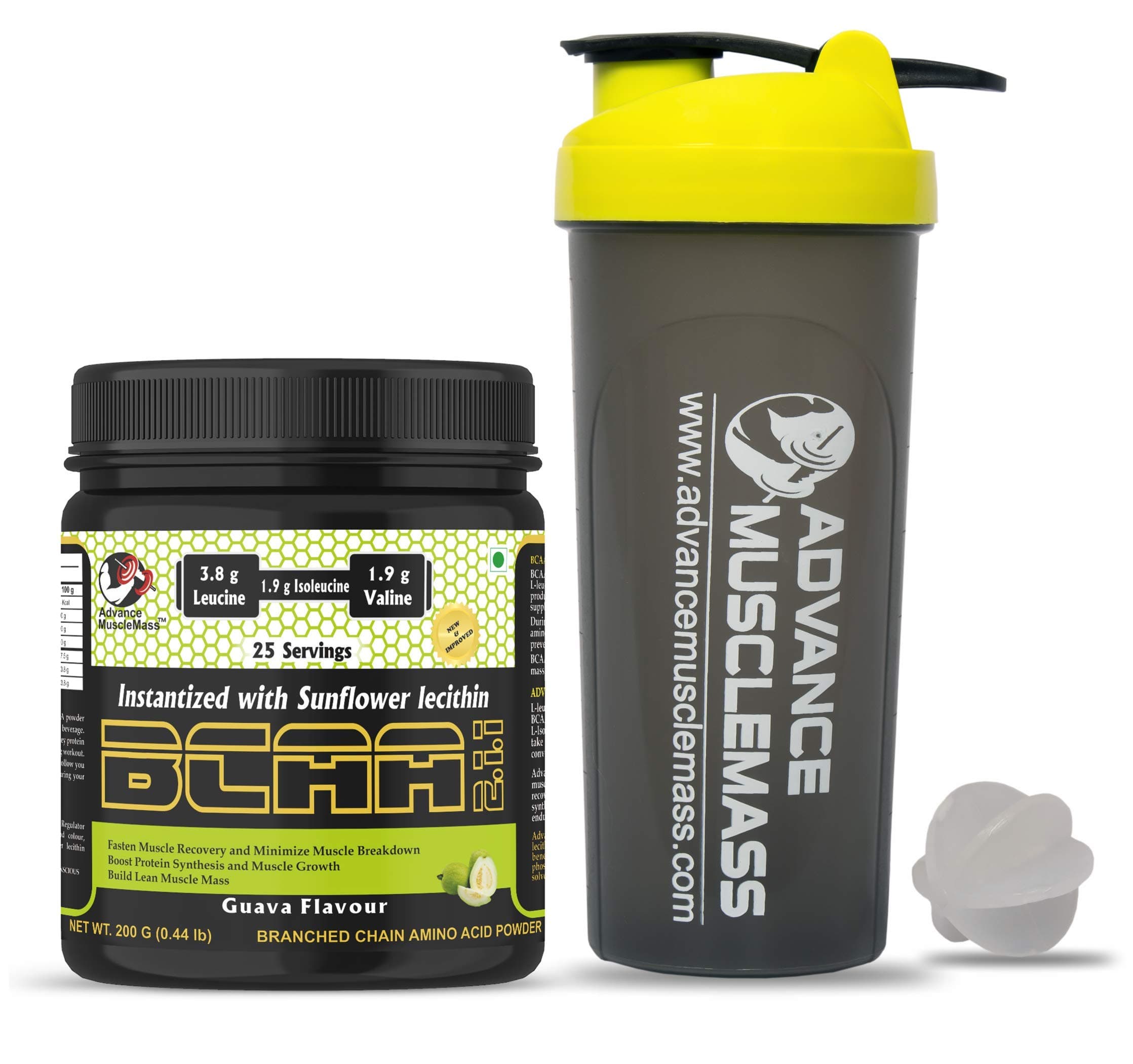 Advance MuscleMass BCAA 2 : 1 : 1 Energy Drink for Workout 7.6 G 3.8 G Leucine 1.9 G ISO Valine Instantized with Sunflower Lecithin Lab Tested with Shaker (Guava Flavour, 200 Gm, 0.44 lb)