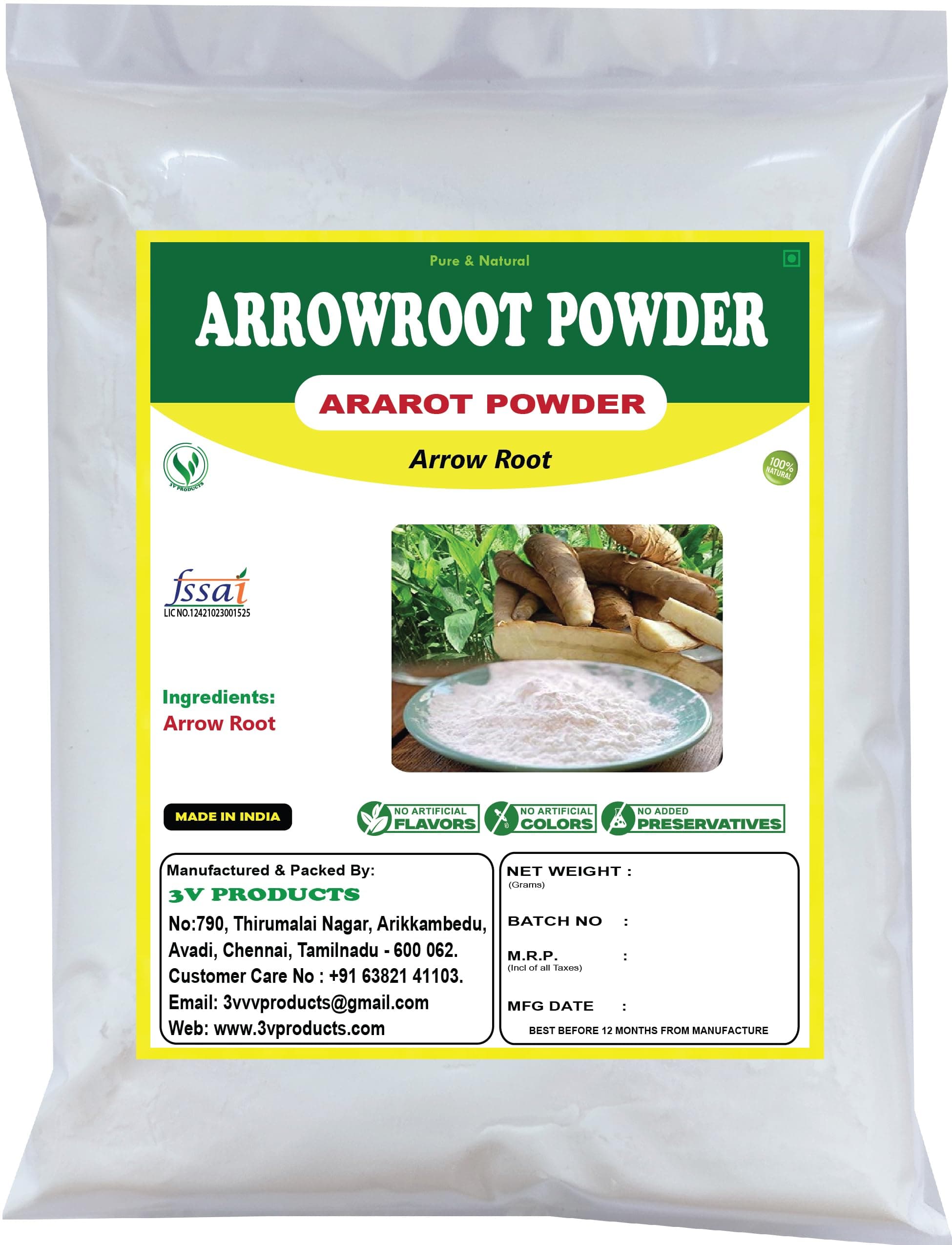 3V PRODUCTS Natural Arrowroot Powder - Pack of 2x50g - Arrow Root | Ararot for Gravy, Puddings, Soups, Bread