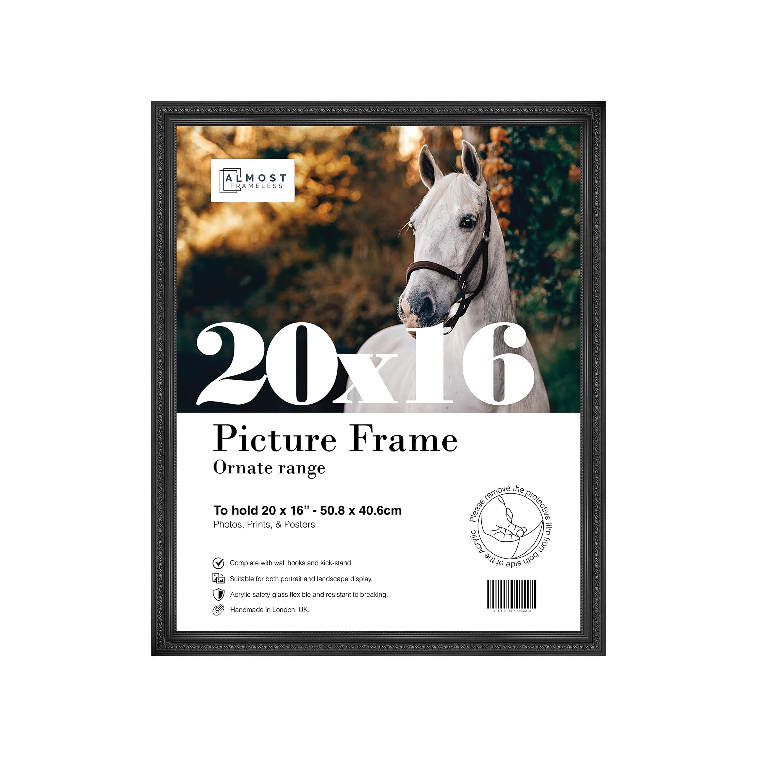 Almost Frameless20x16 Black Ornate Picture Frame 20"x16"(50.8x40.6cm) Poster, Photo, Artwork, or Print. Shabby Chic Style Portrait and Landscape Display with Wall Hooks