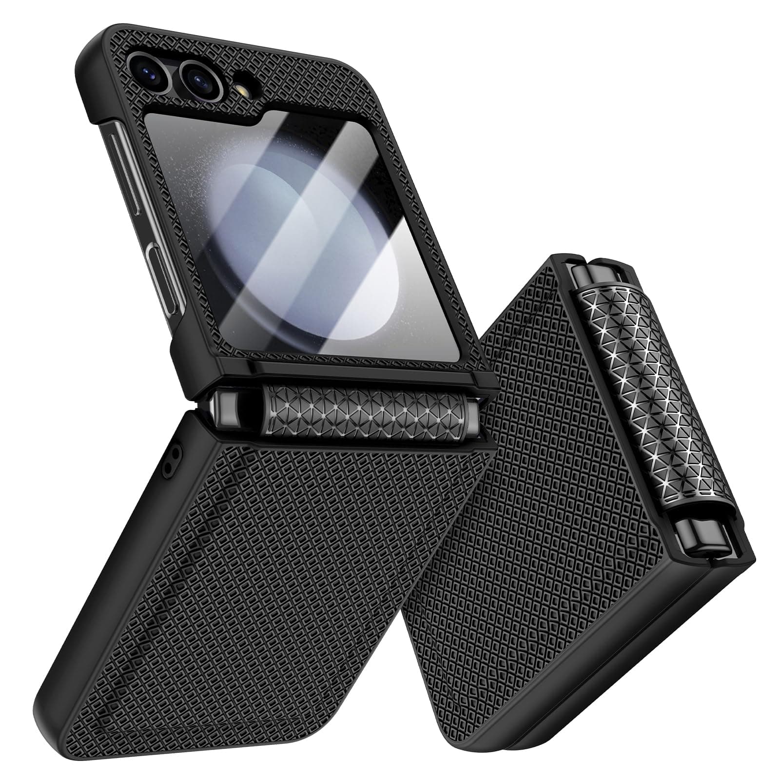 Doeshine for Samsung Galaxy Z Flip 5 Case with Back Screen Protector & Hinge Protection, Slim Fit Stylish Texture Non-Slip Hard Shockproof Protective Cover for Samsung Galaxy Z Flip 5 (Black)