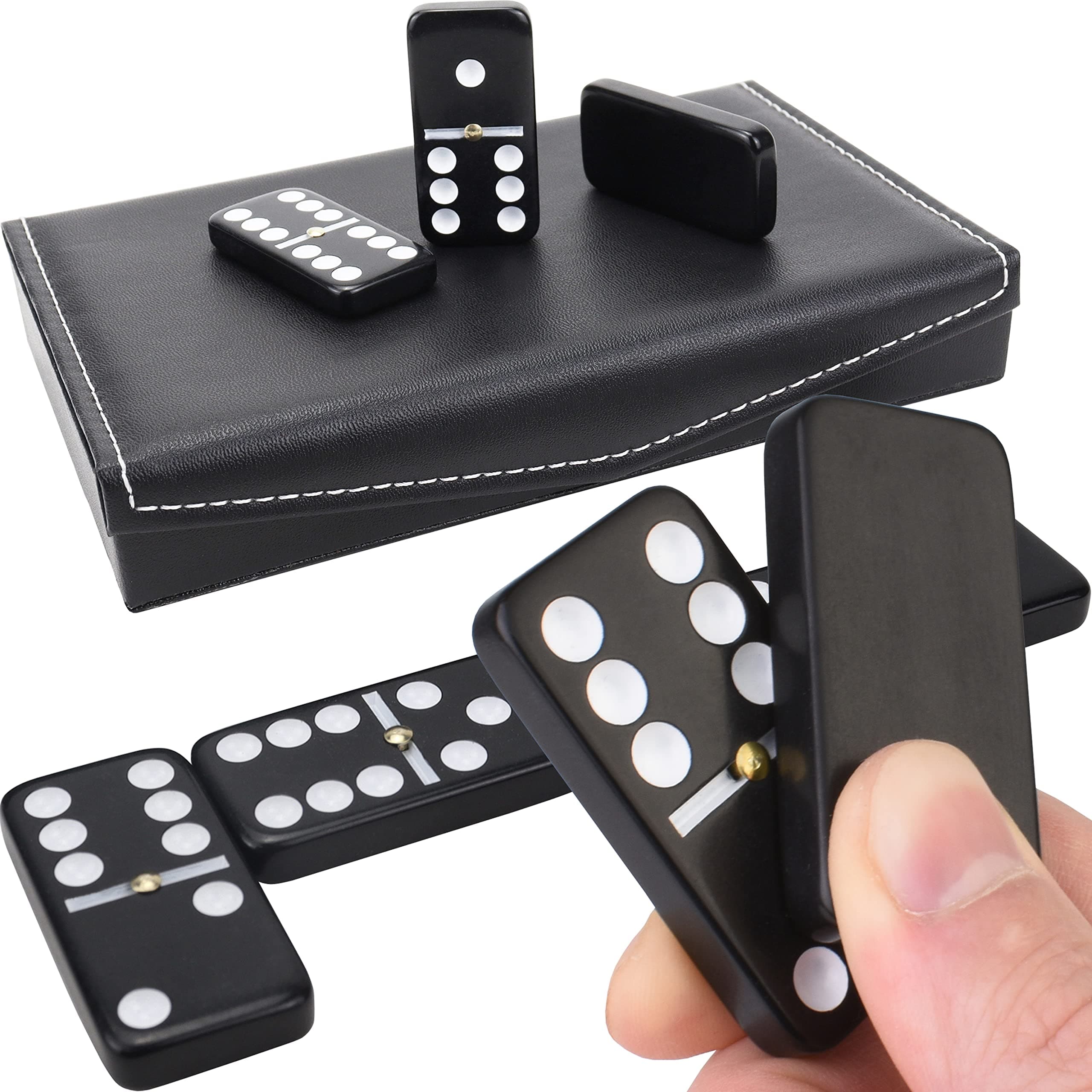 Queensell Dominoes - Domino Classic Board Games, Double Six Standard Set of 28 Black Tiles with Leather Case - Educational, Vintage Spinner Rivet - Ages 7+