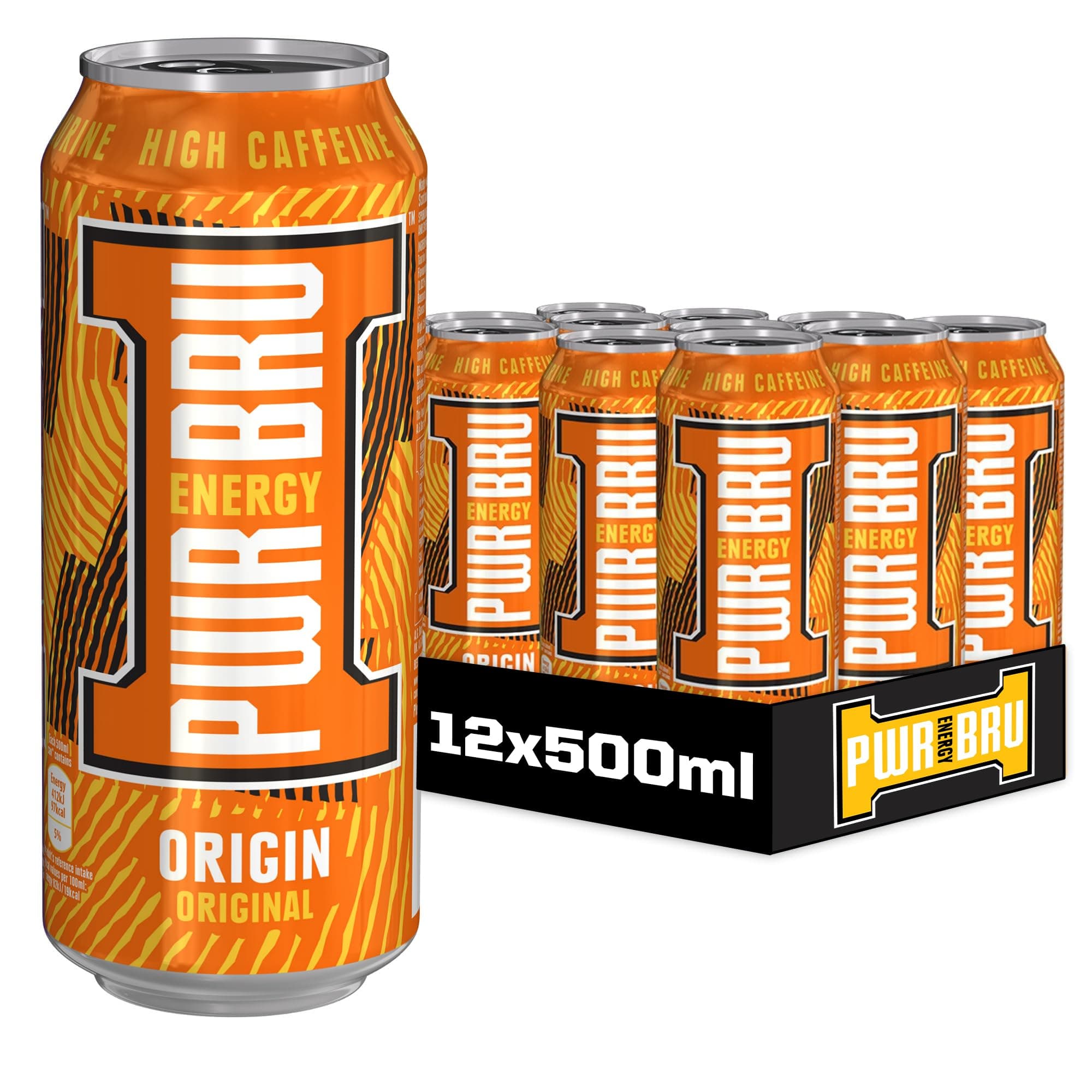 𝐏𝐖𝐑-𝐁𝐑𝐔 Origin Original 12 Pack Big Can Energy Drink with High Caffeine, Taurine and Vitamins - 12 x 500ml Cans