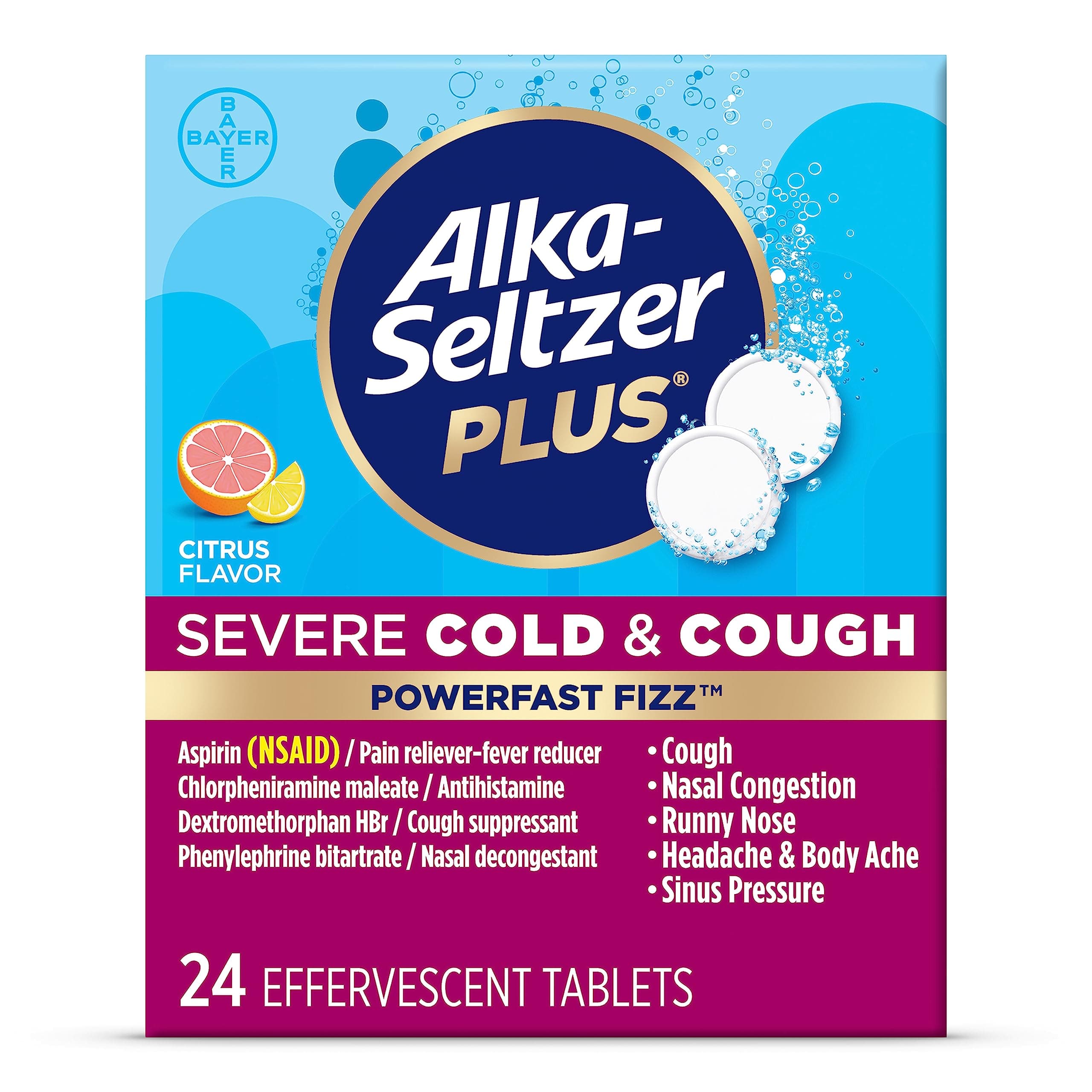 Severe,Cold & Cough Medicine for Adults,PowerFast Fizz Citrus Effervescent Tablets,Fast Relief of Headache,Sore Throat,Cough,Nasal & Sinus Congestion 24 Count, Packaging May Vary