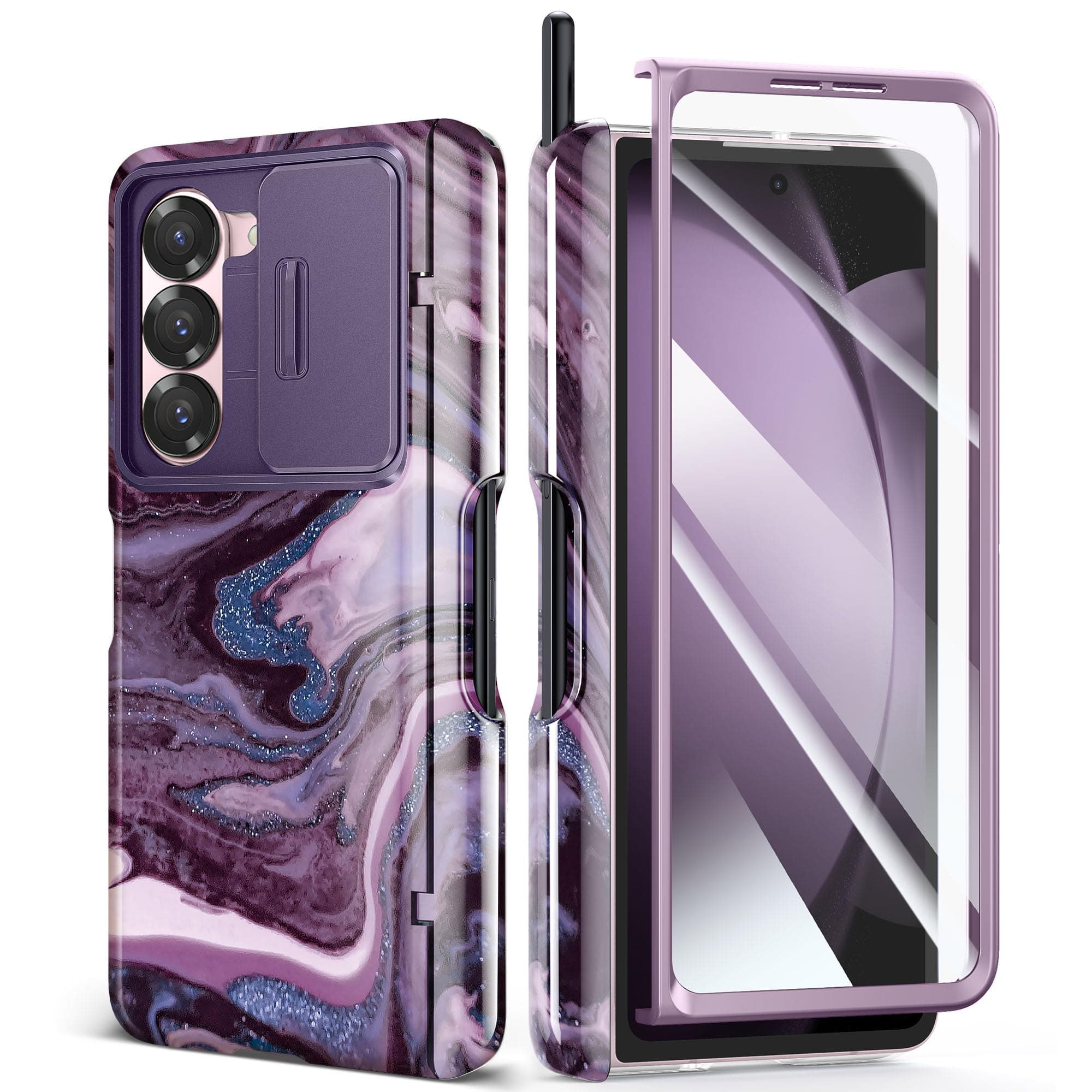 GVIEWIN Compatible with Samsung Galaxy Z Fold 6 Case with S Pen Holder,Slide Camera Cover & Front Screen Protector,Hinge Protection,Fullbody Protective Marble Anti-Scratch Cover 2024,Quicksand/Purple