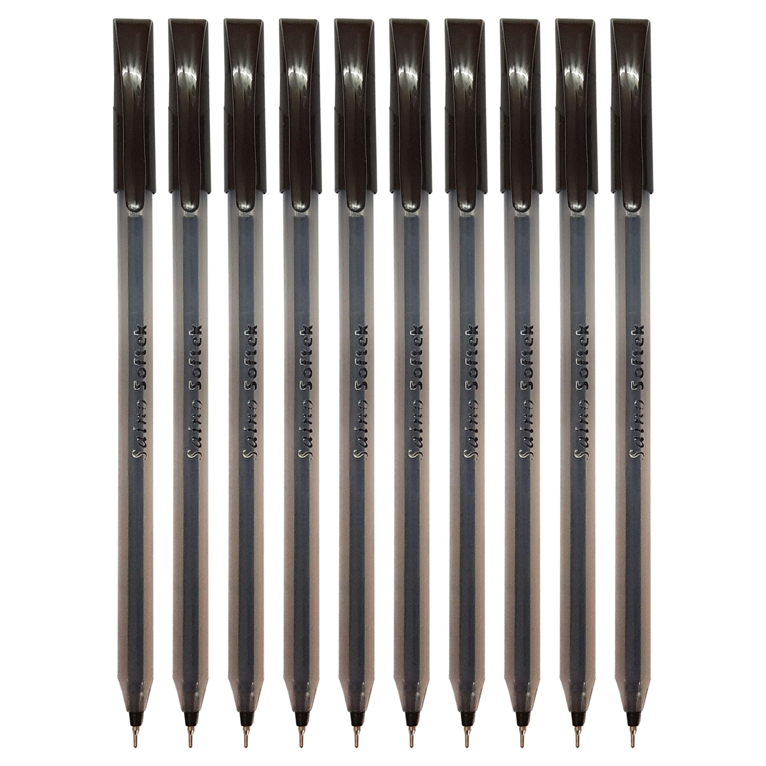 SAINO 10 x 0.7mm Softek BLACK Ballpoint Pens Smooth Ink Flow Office School Home