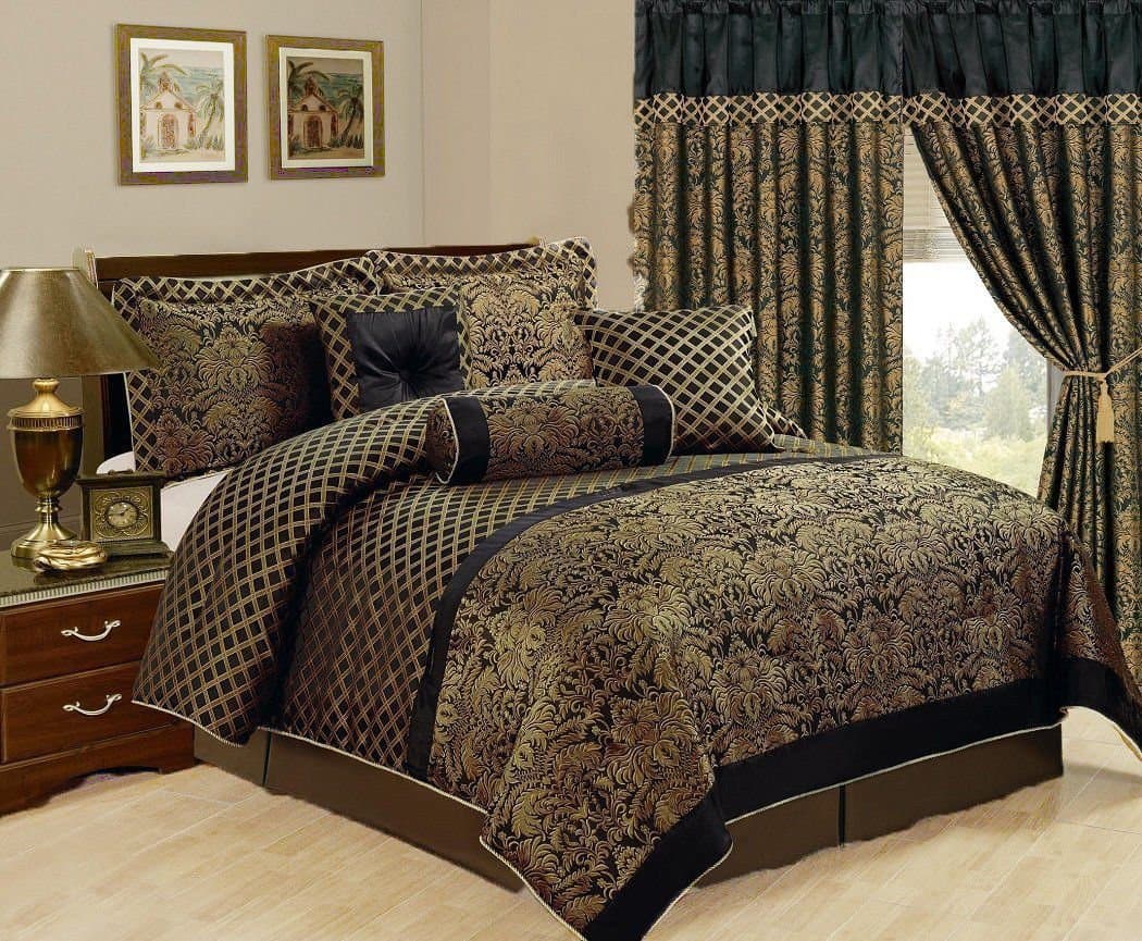 7 Piece Jacquard Comforter set Black Gold All Sizes New, King Size