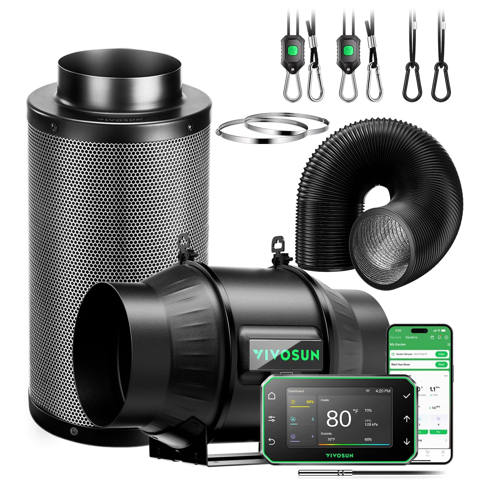 VIVOSUN Smart Air Filtration PRO T6 Kit 6", AeroZesh T6 Inline Duct Fan w/GrowHub E42A+ Temp. Humidity WiFi-Controller, Carbon Filter & Ducting, Cooling & Ventilation System for Grow Tent, Hydroponics