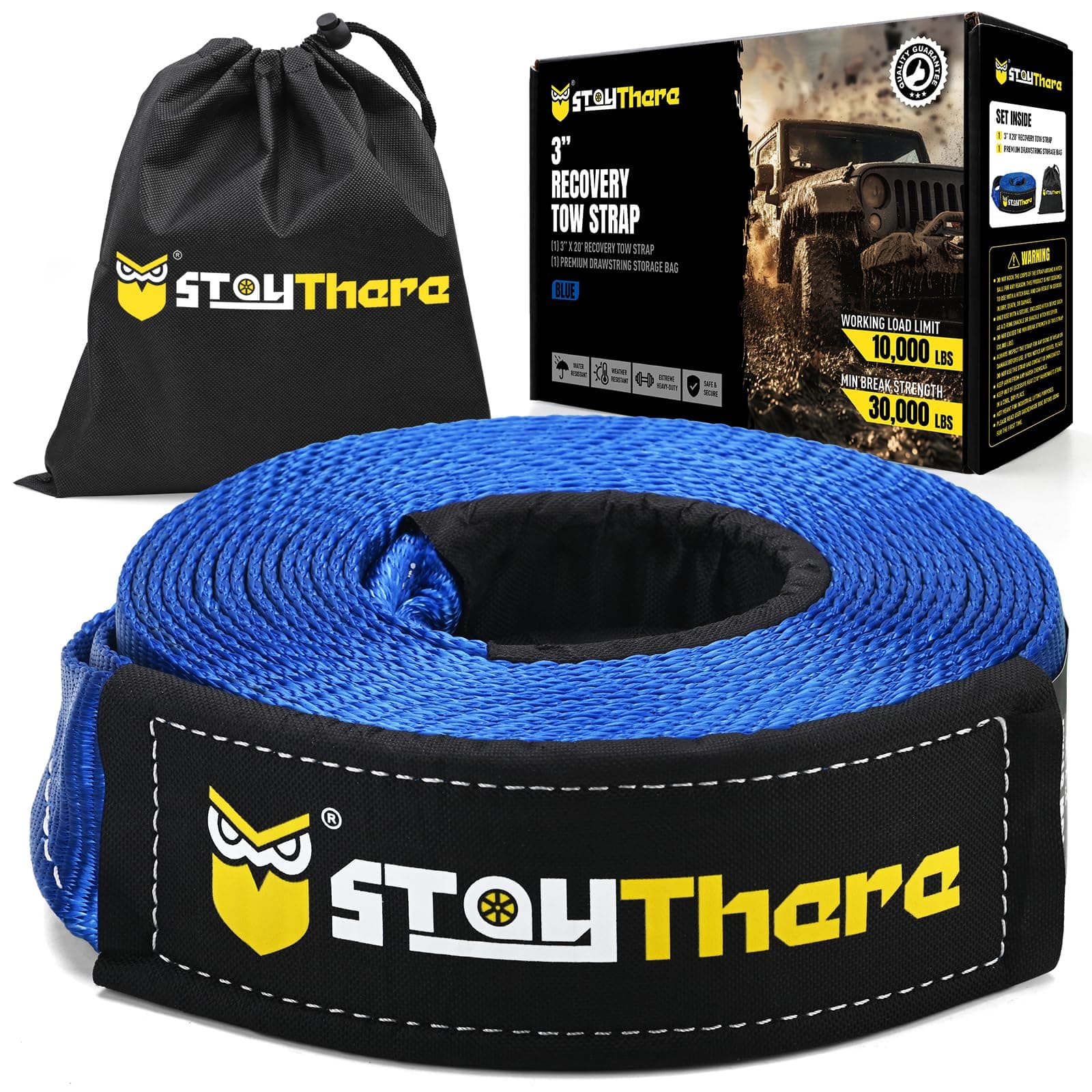 Stay There 3'' × 20ft Recovery Tow Strap, Heavy Duty with 30,000 lb Capacity-Emergency Towing Rope for Recovery Vechiles-Storage Bag (Blue)