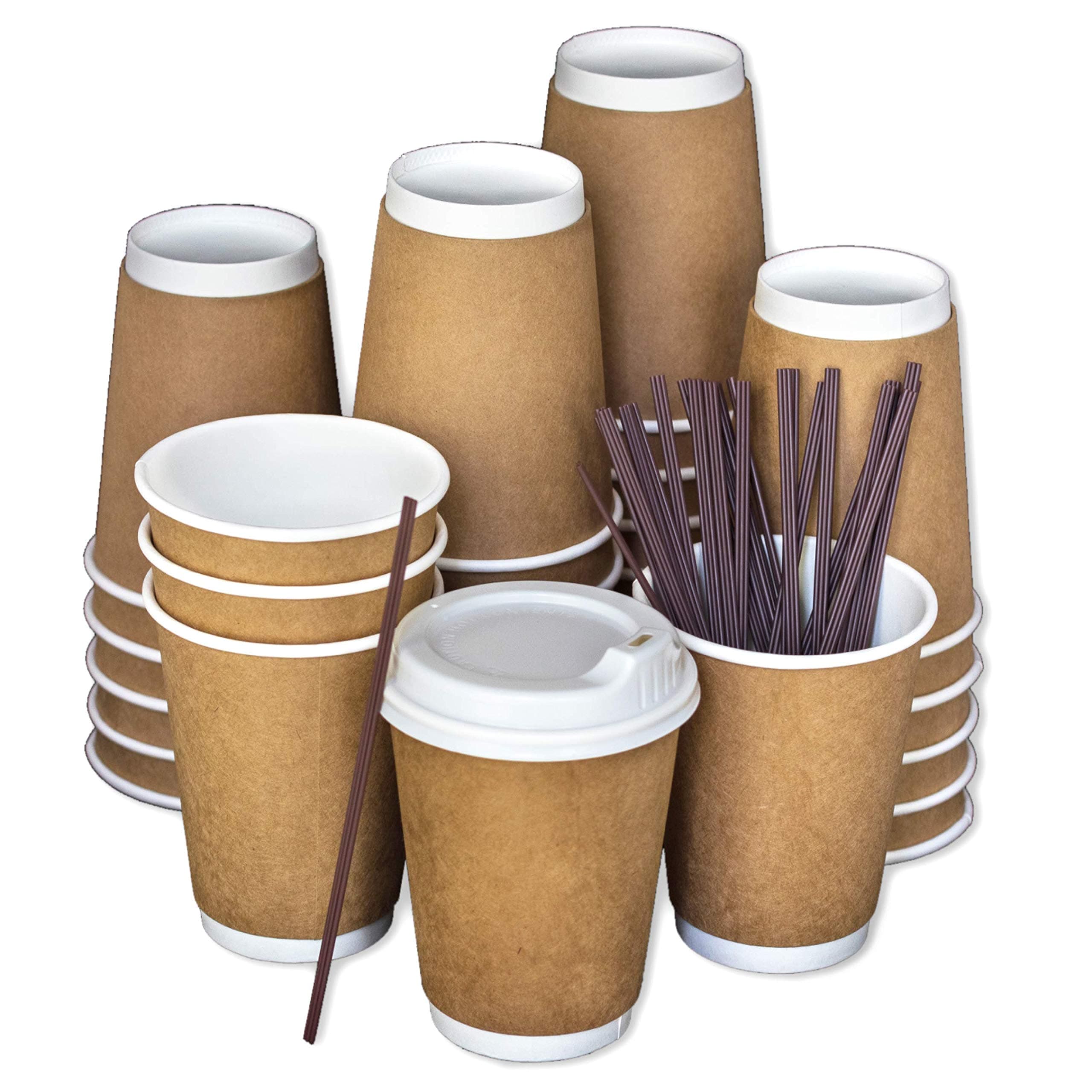 Disposable Coffee Cups To Go with Lids, Stirrers, and Integrated Sleeves | [50 Pack - 12 Ounce] | Recyclable Paper | Travel Cups