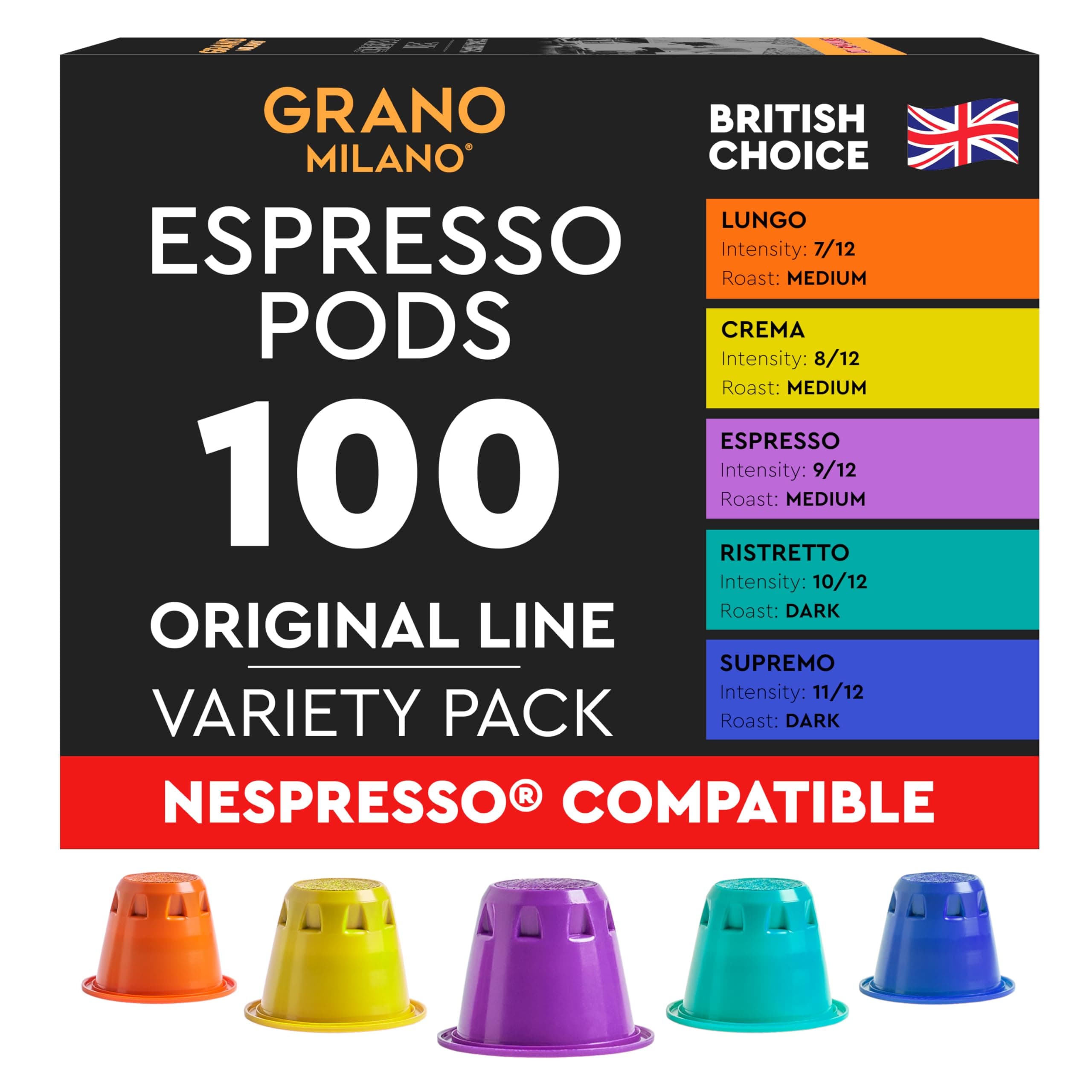 Variety Pack Coffee Capsules - 100 Pods Compatible with Nespresso Original line, Medium and Dark Roast, Espresso Coffee Capsules Made in Italy