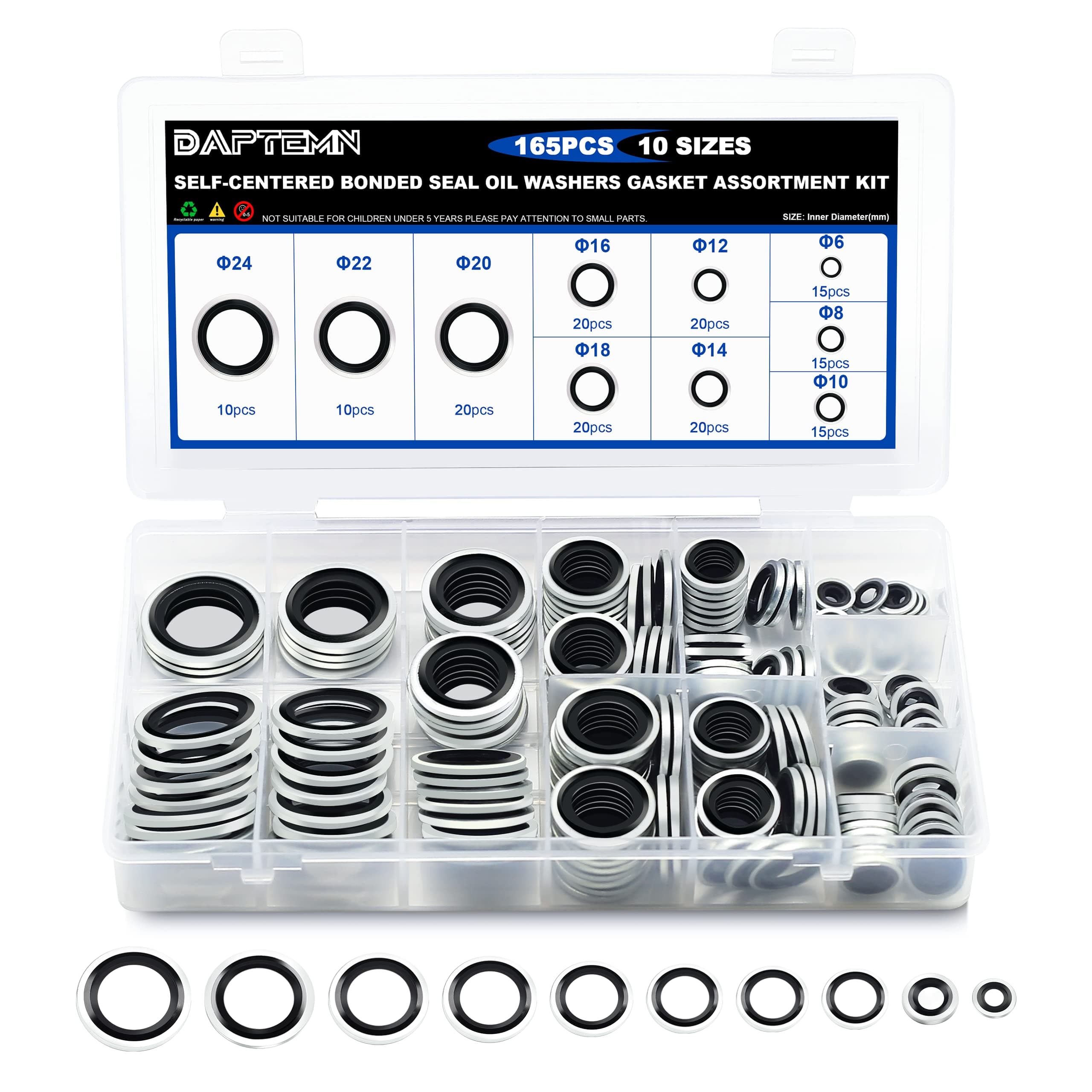 Daptemn 165PCS Bonded Sealing Washers, NBR Metric Zinc-Plated Steel Self-Centred Sealing Rubber Washers, Automotive Seal Gasket Crush O-Ring Assortment Kit Set M6 to M24
