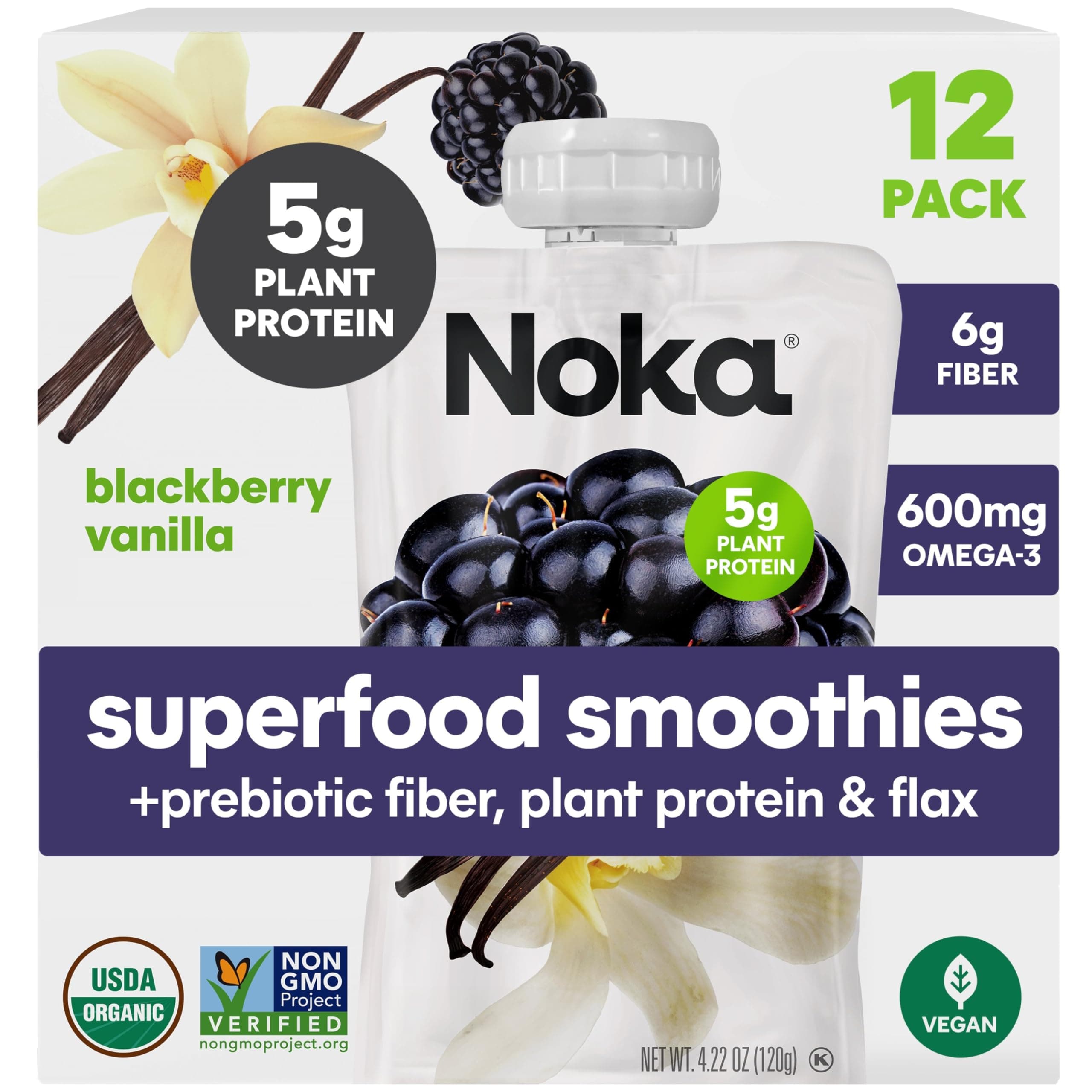 Superfood Fruit Smoothie Pouches, Blackberry Vanilla, Healthy Snacks with Flax Seed, Plant Protein and Prebiotic Fiber, Vegan and Gluten Free Snacks, Organic Squeeze Pouch, 4.22 oz, 12 Count
