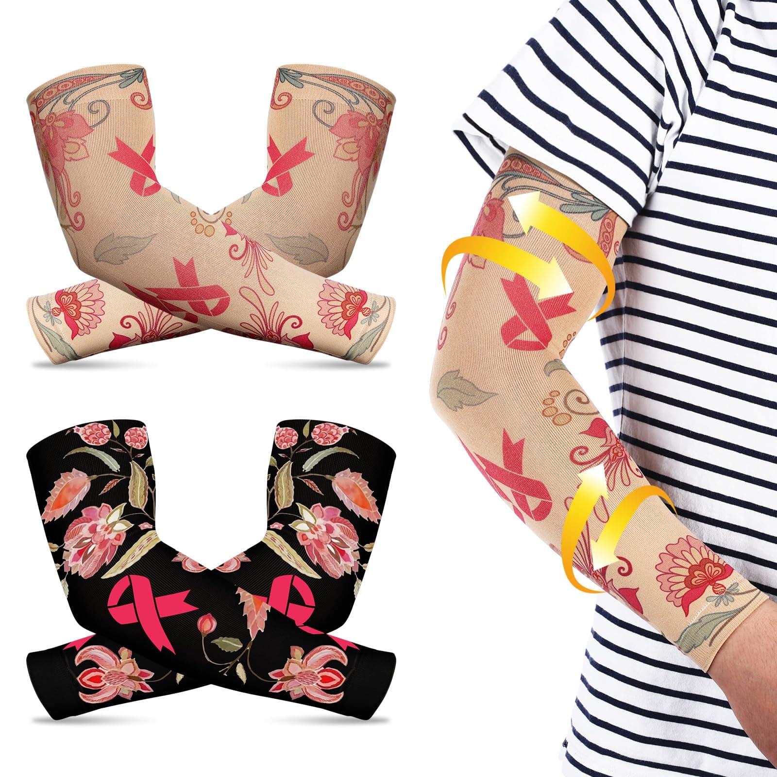 2 Pairs Lymphedema Compression Arm Sleeves, Floral Style, Unisex Adult, Pink Ribbon Breast Cancer Awareness, 20-30 MmHg, Size S, UV Protection, 80% Nylon, 20% Spandex