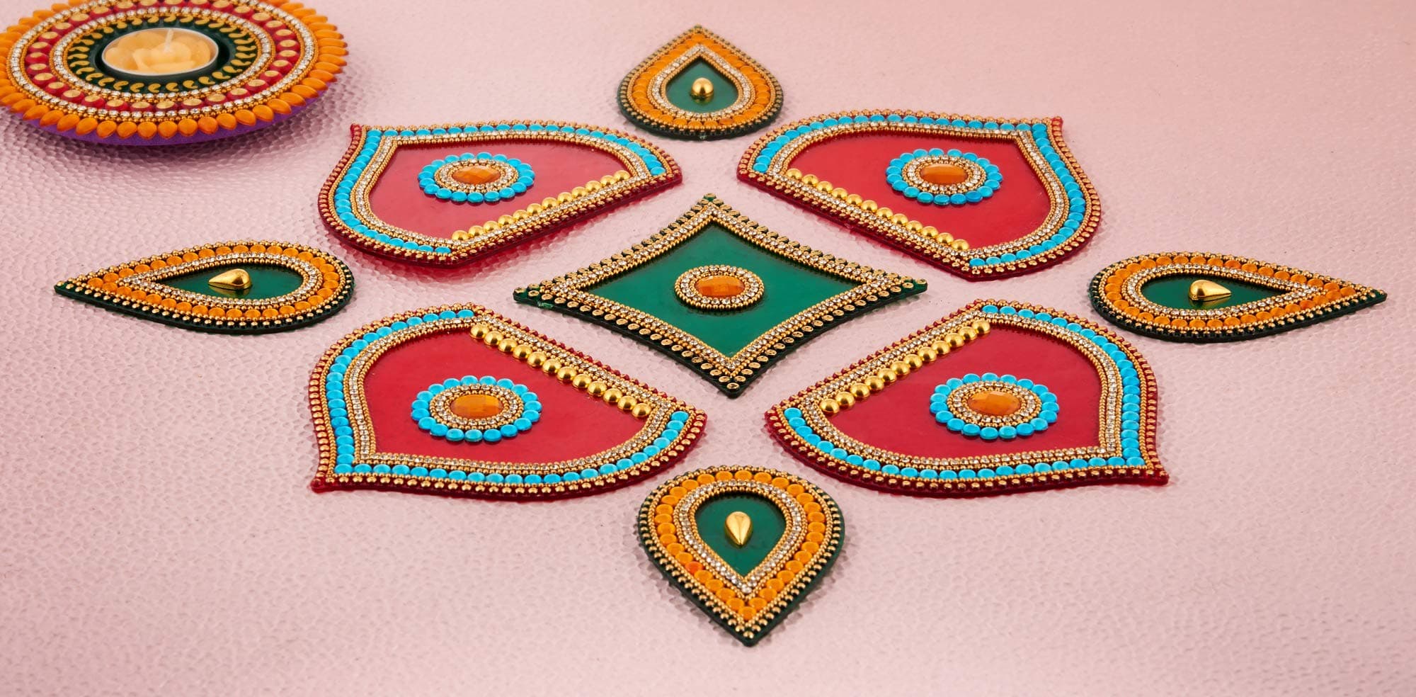 Diwali Floor Rangoli Design Studded Stones & Sequins Traditional Festive Home Decorations (Red Green 2)
