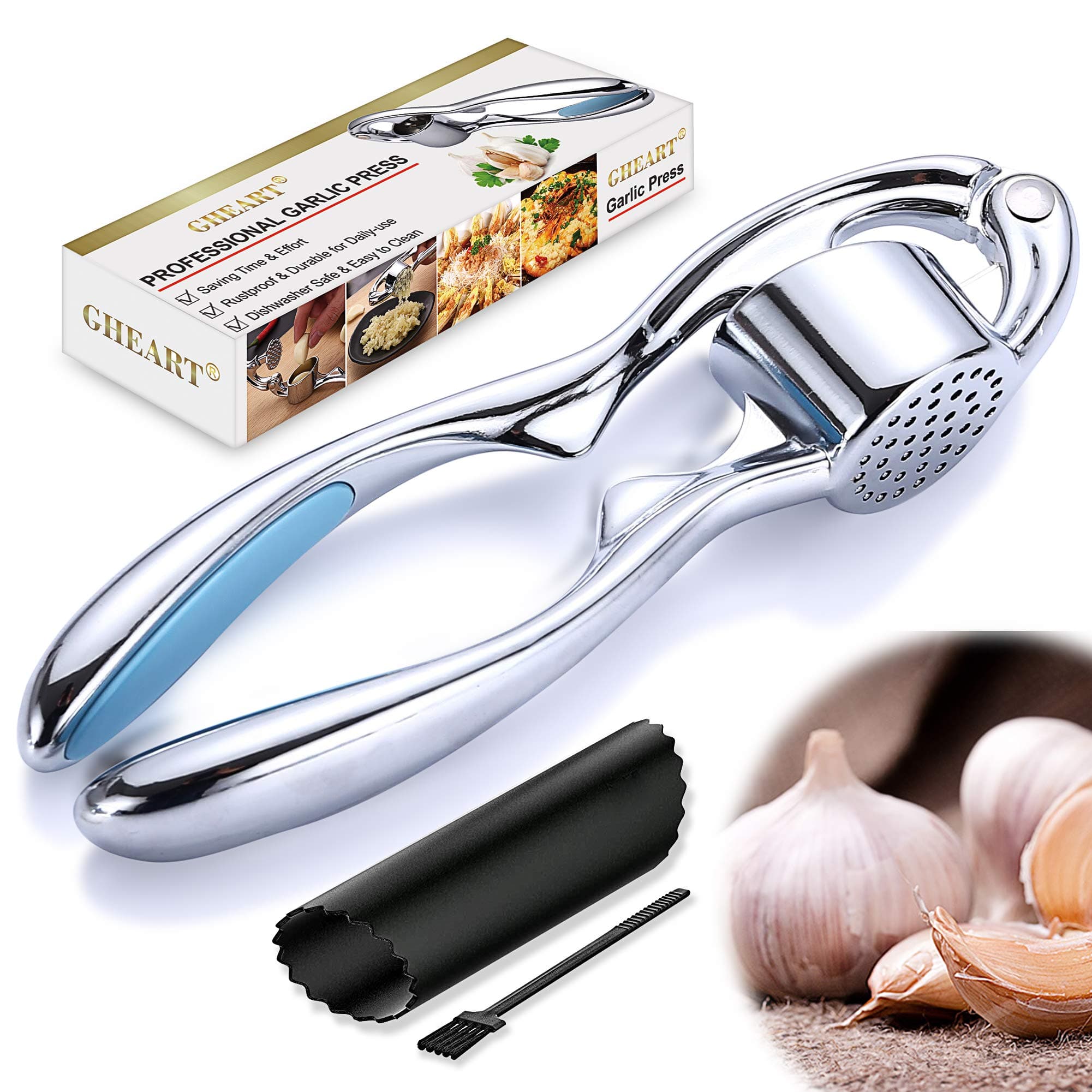 Garlic Mincer & Crusher Garlic Press Garject Ginger Dishwasher Safe Stainless with Silicone Garlic Rocker & Peeler Set Kitchen Utensils Gadgets Garlic and Onion Press Easy Squeeze & Clean Rustproof