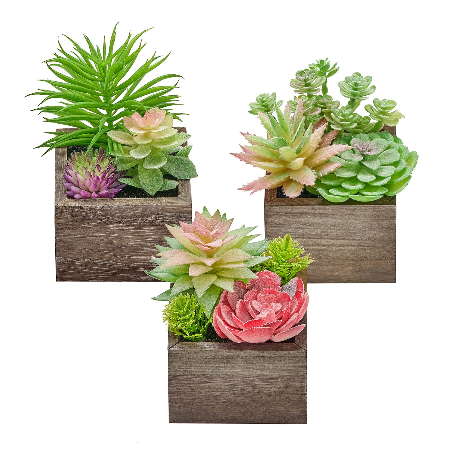 Fake Succulents Plants Artificial Decor Indoor, Set of 3 Farmhouse Small Succulents Plants Artificial with Wood Potted for Home Office Centerpiece Table Decorations , Desk Decorative Faux Succulent