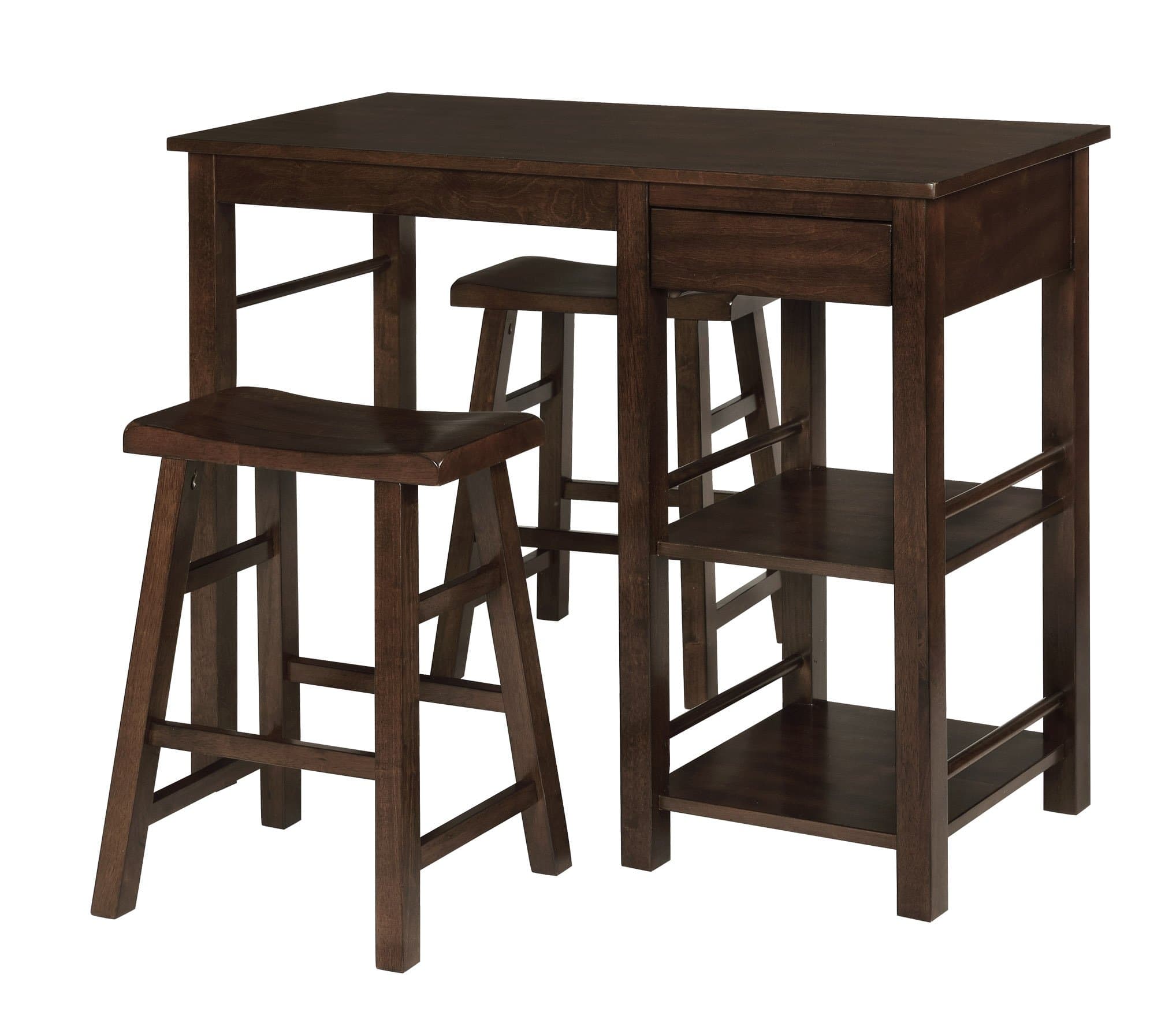 eHemcoCounter Height Dining Set Breakfast Table with Storage Shelves and 2 Saddle Seat Barstools, Walnut, 3 Pieces