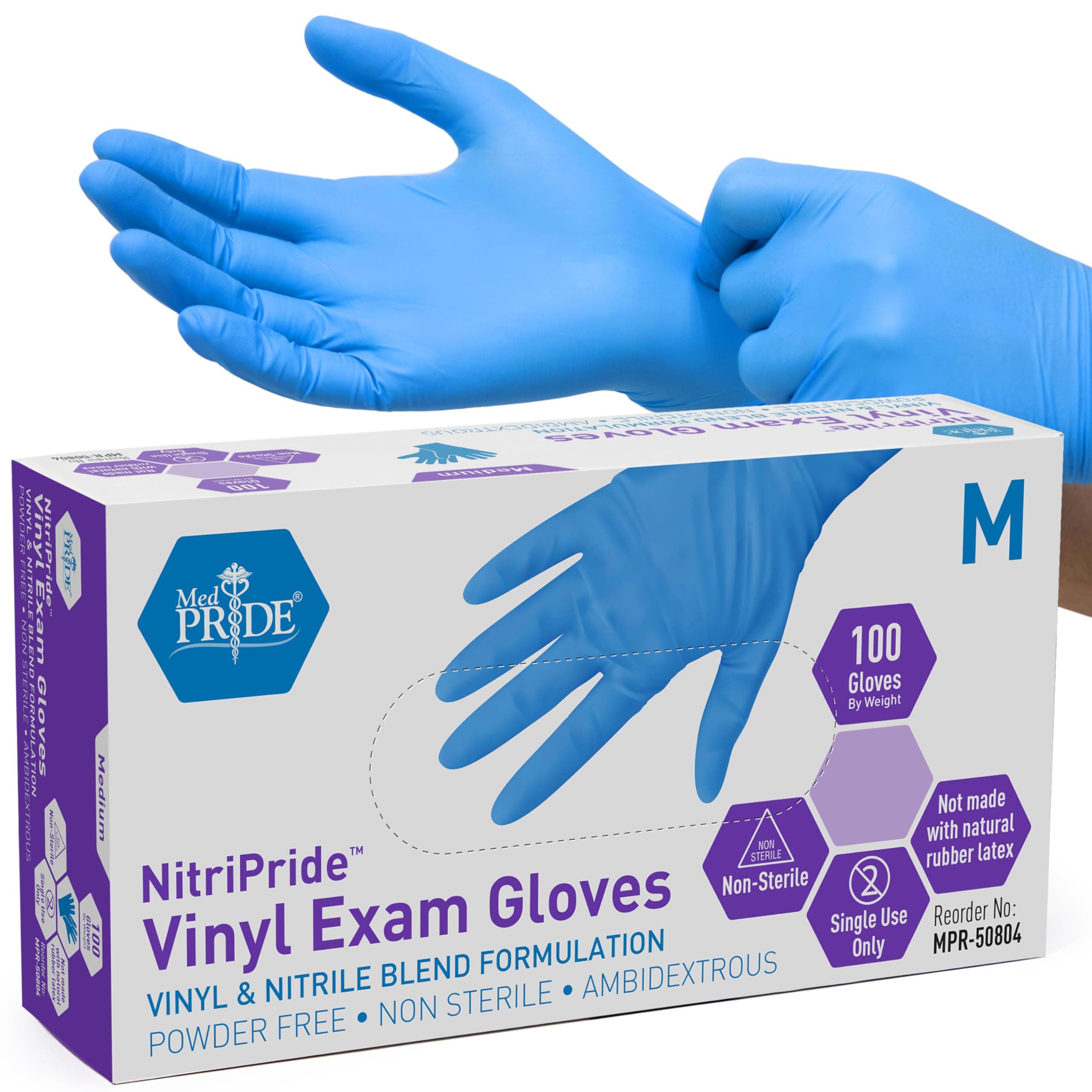 MED PRIDE Nitrile and Synthetic Vinyl Blend Exam Gloves, Medium 100, Powder Free, Latex Free, and Rubber Free, Single Use Protective Gloves, Non-Sterile for Medical, Kitchen, Cleaning and More