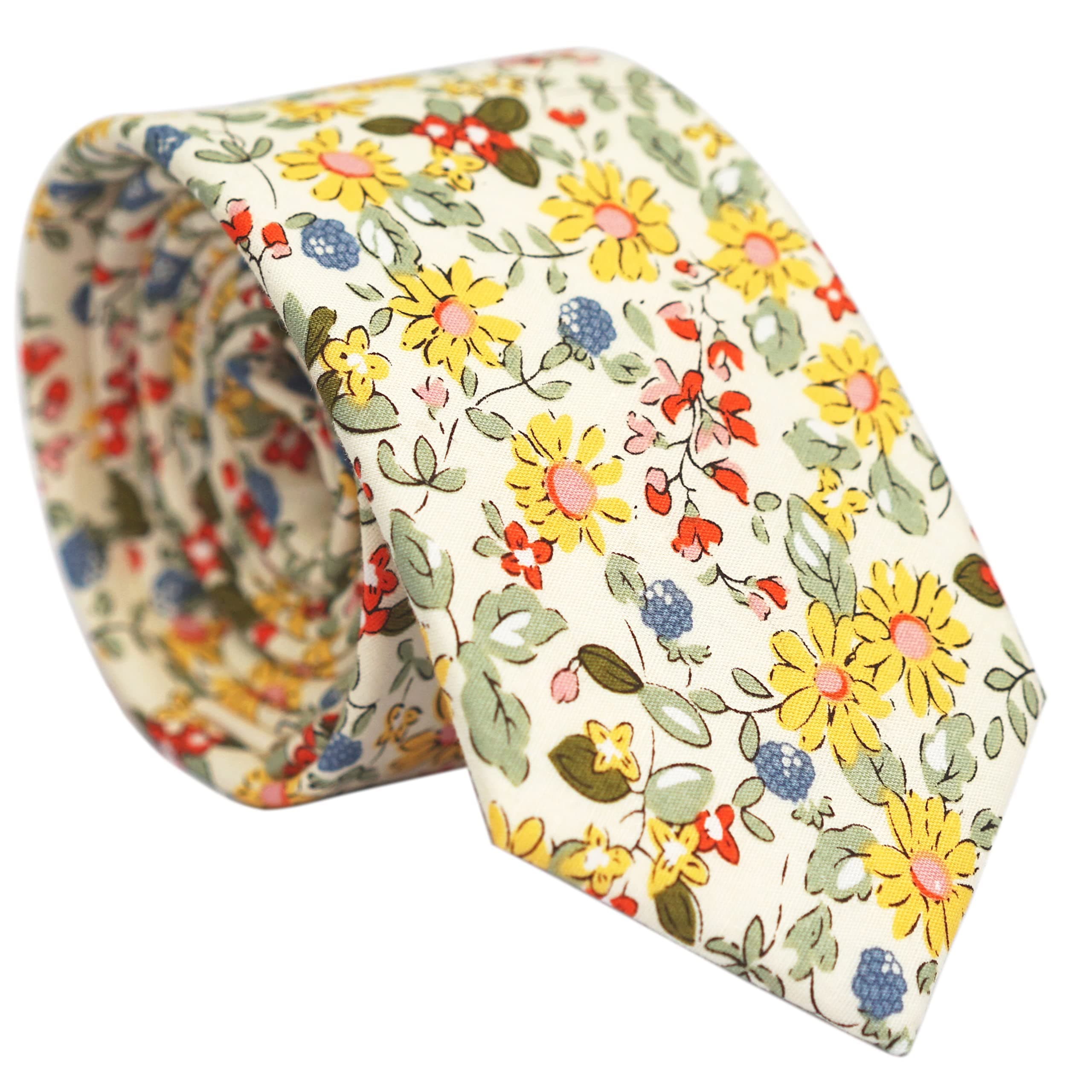 BELLUNOBELLUNO Cotton Floral Tie for Men, Skinny Flower Necktie for Wedding, Party, Activities, Cotton Slim Tie + Gift Box
