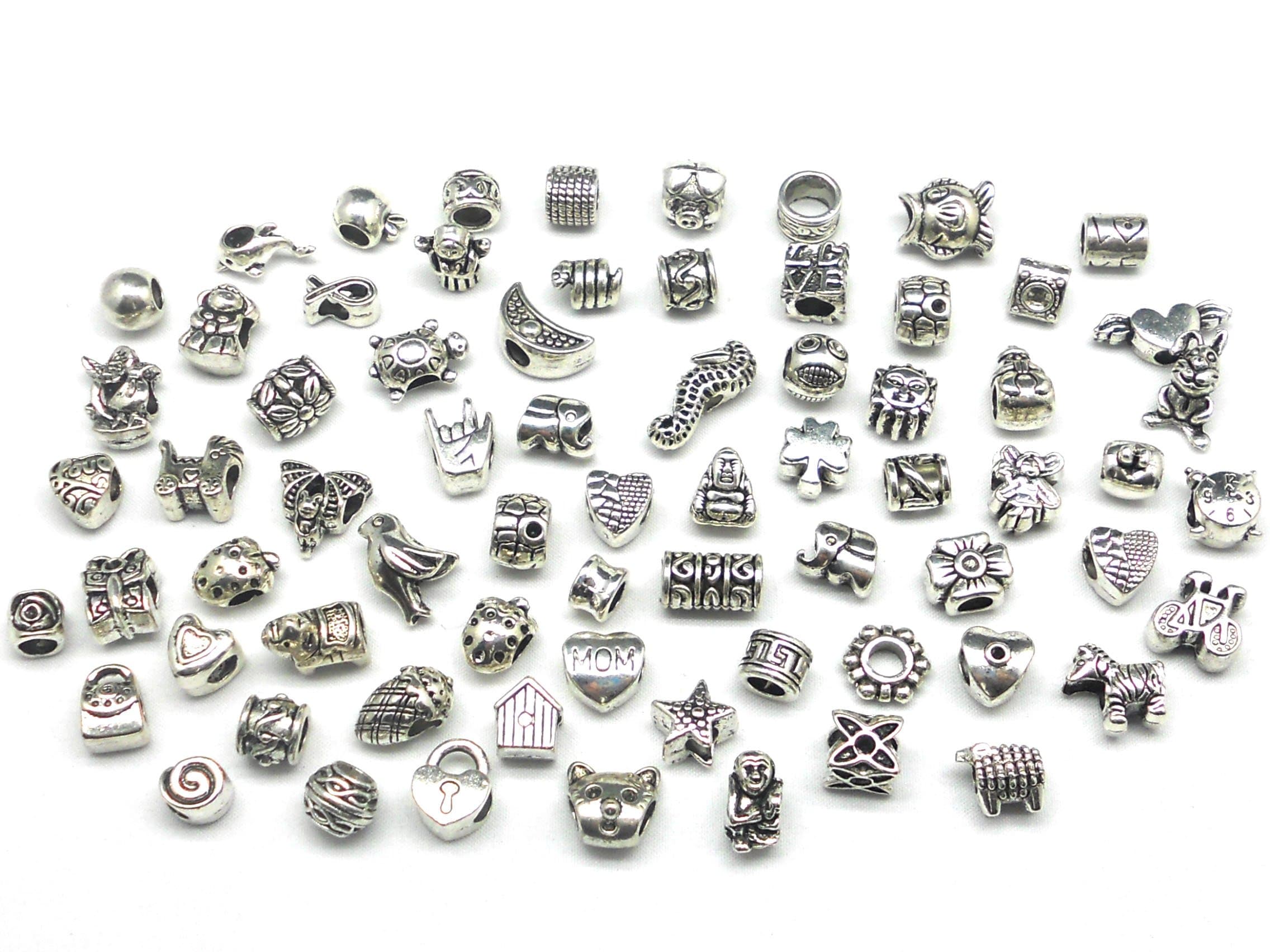 Nambeads © 10 x Mixed Tibetan Silver Charms to fit Pandora style charm bracelets. Check out our affordable bulk packs of glass beads,charms,clip stops,rhinestones,enamels etc.