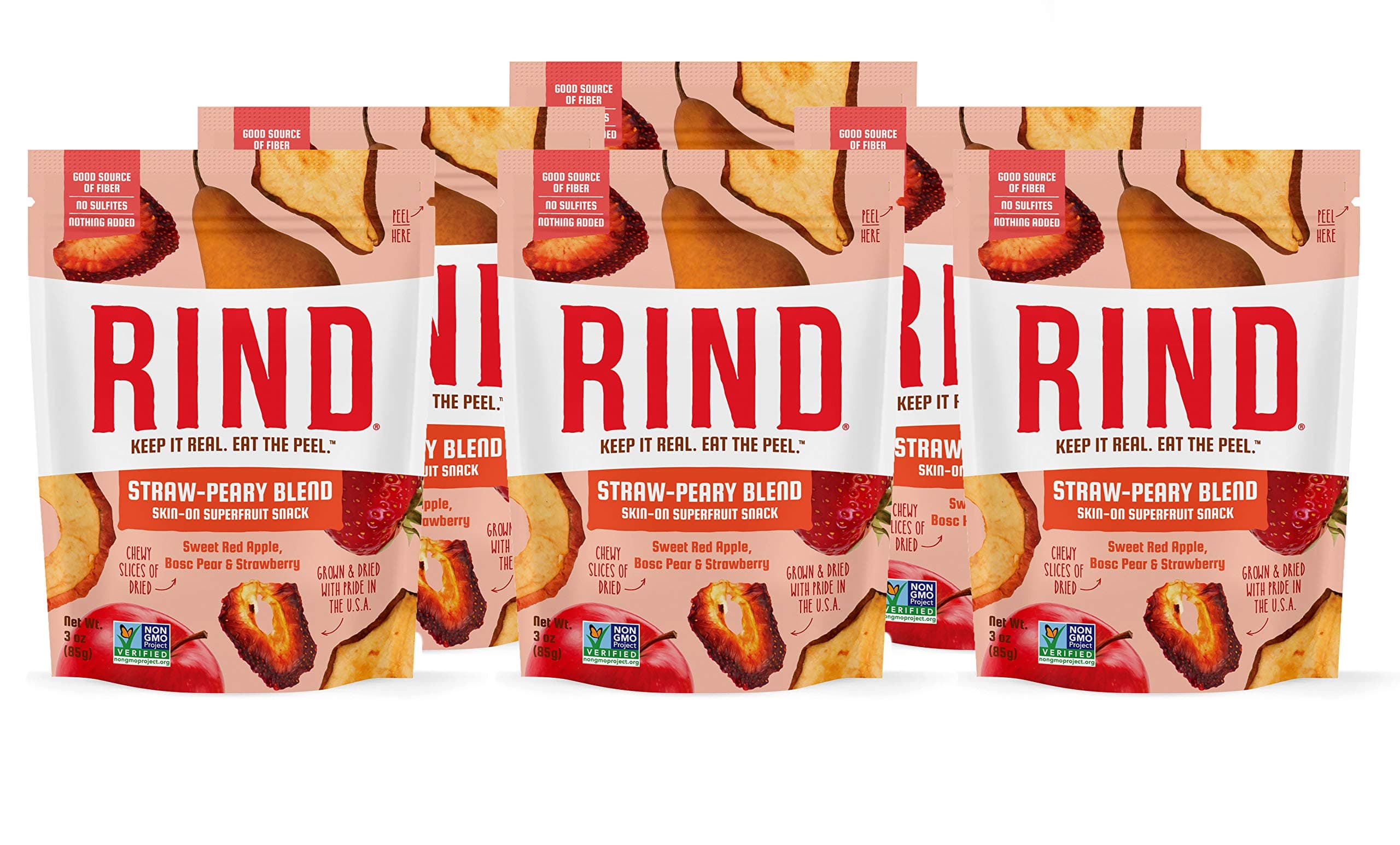 RIND Snacks Straw-Peary Blend Sun-Dried Skin-On Non-GMO Superfruit Snack, 3oz Bag, Pack of 6