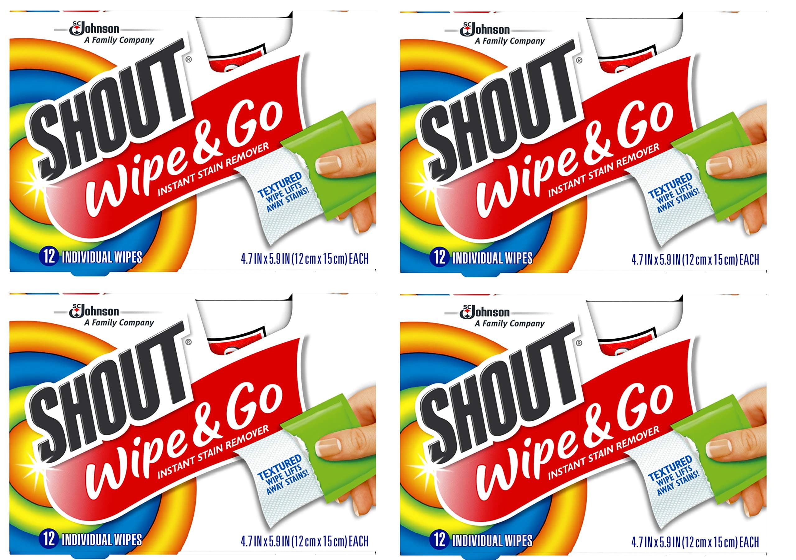 Shout Wipes - Portable Stain Treater Towelettes - (4- Pack,48 Wipes Count)