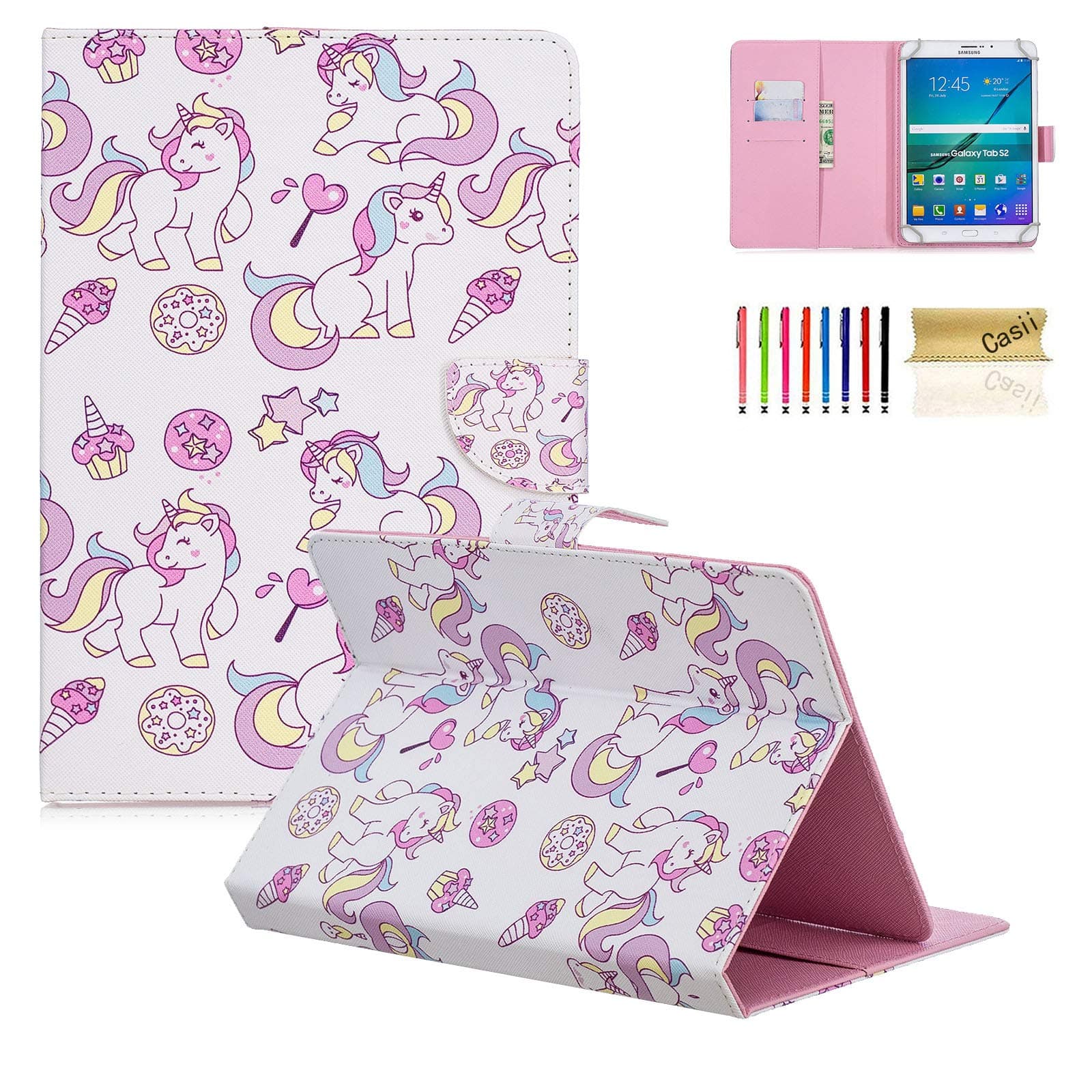 Casii Universal Case for 8 Inch Tablet, [Cards Slots] Colorful Protective Premium Leather Cover for 7.5-8.5 Inch Amazon Kindle,Samsung Galaxy Tab,Lenovo,Huawei,Asus,Windows Tablet, Ice cream Unicorn