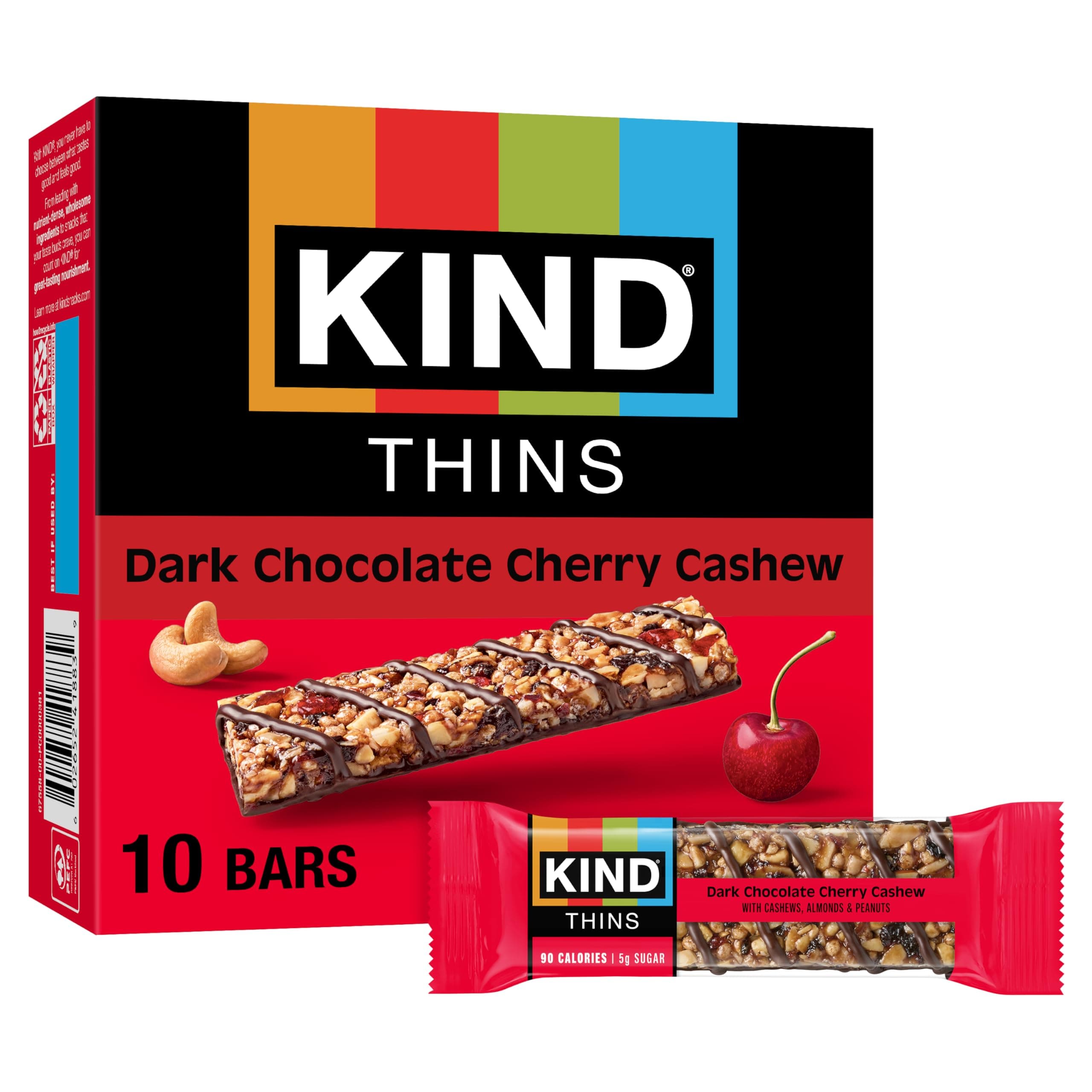 KIND THINS Dark Chocolate Cherry Chashew Bars, Gluten Free, 5g Sugar, 0.74 oz bars, 10 count