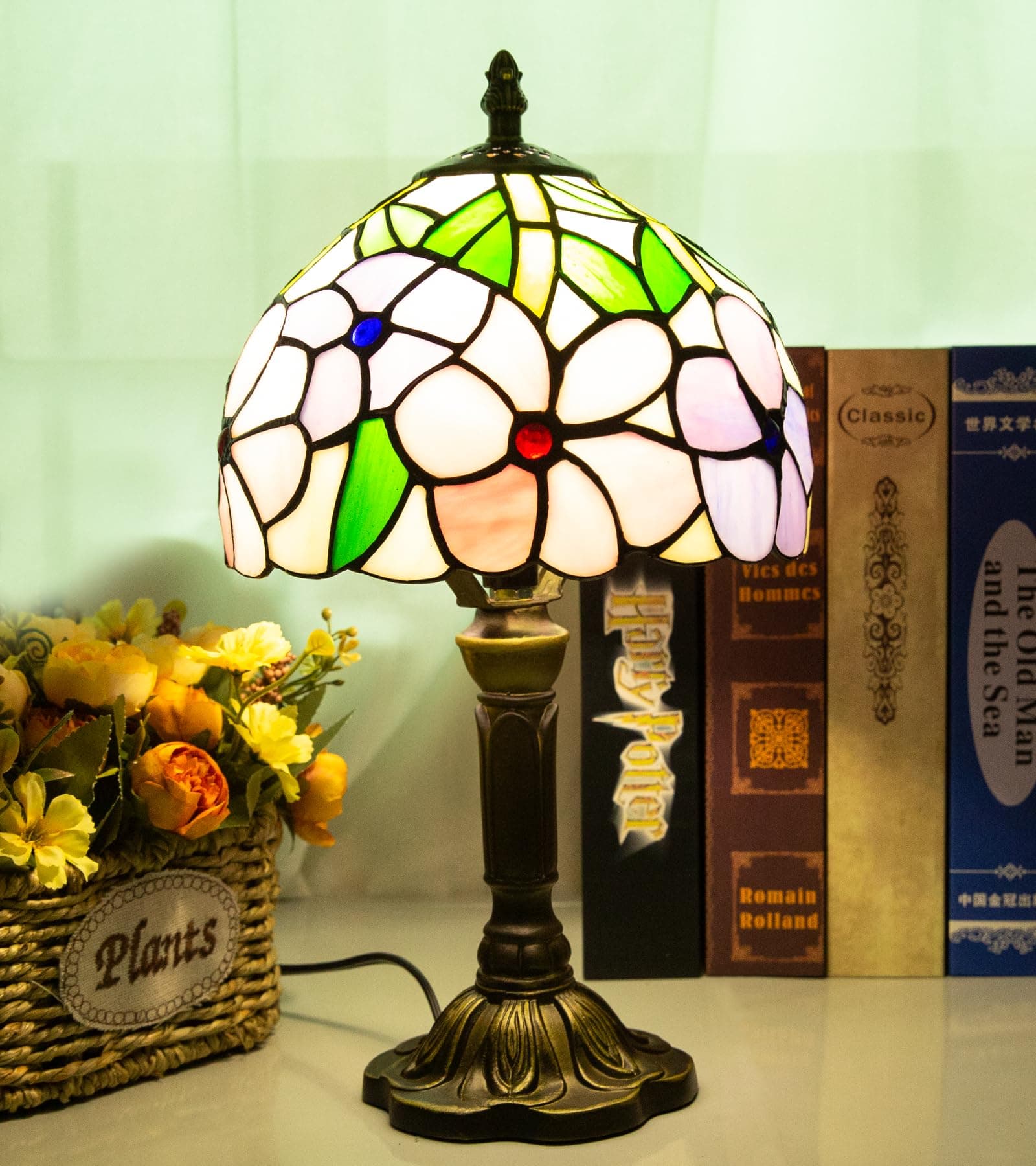 Tiffany Table Lamp, 8X14 inches Stained Glass Lamp,Handmade Vintage Lamp,Decor Bedside Bedroom Living Room and Study,Include E26 LED Bulb (Four Flowers)