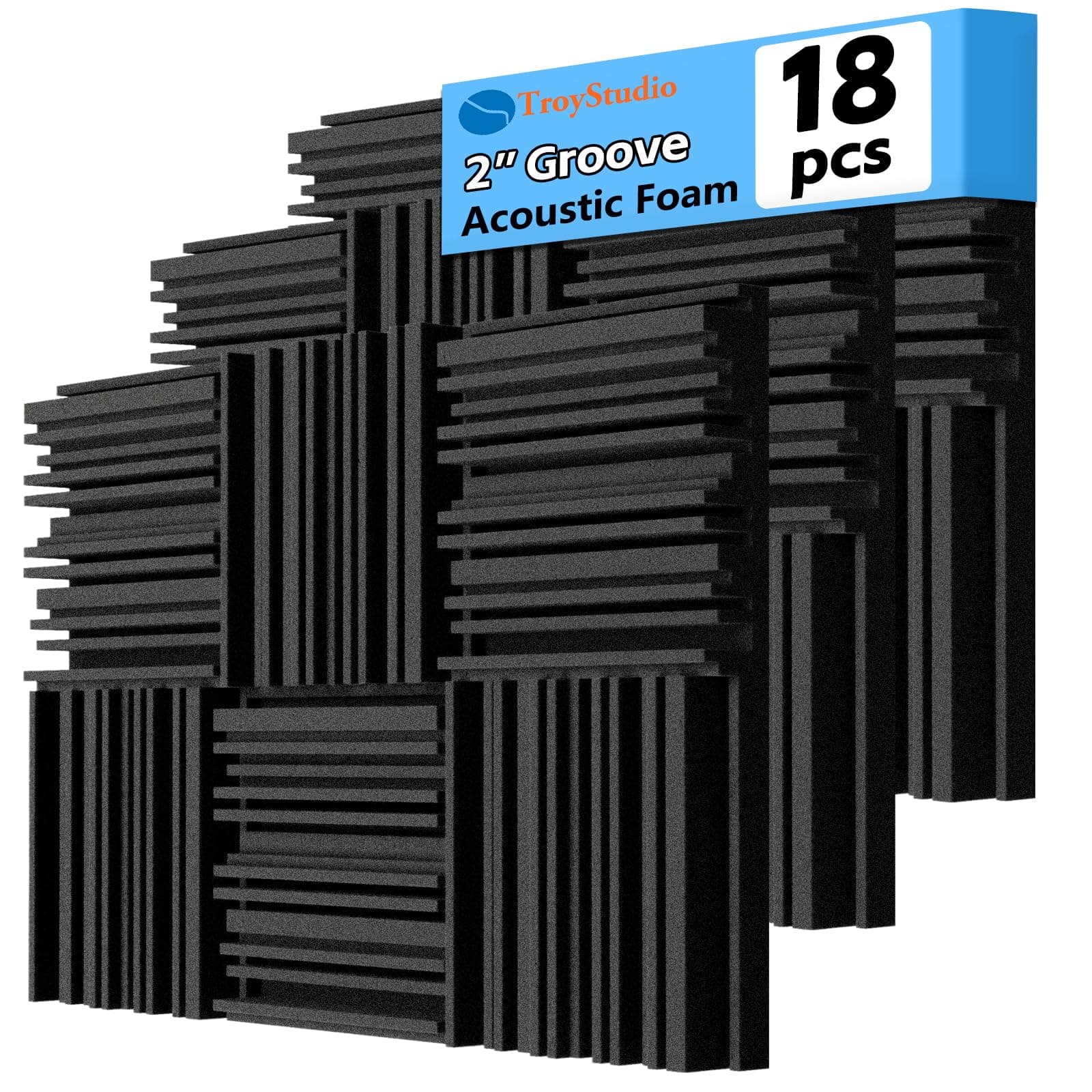 TroyStudio Thick Acoustic Foam Panels, 12 X 12 X 2 Inch 18 Pcs Broadband Sound Absorbing Foam, Dense Soundproof Padding Tile, Recording Studio Foam Absorber, Groove Decorative 3D Wall Ceiling Panel
