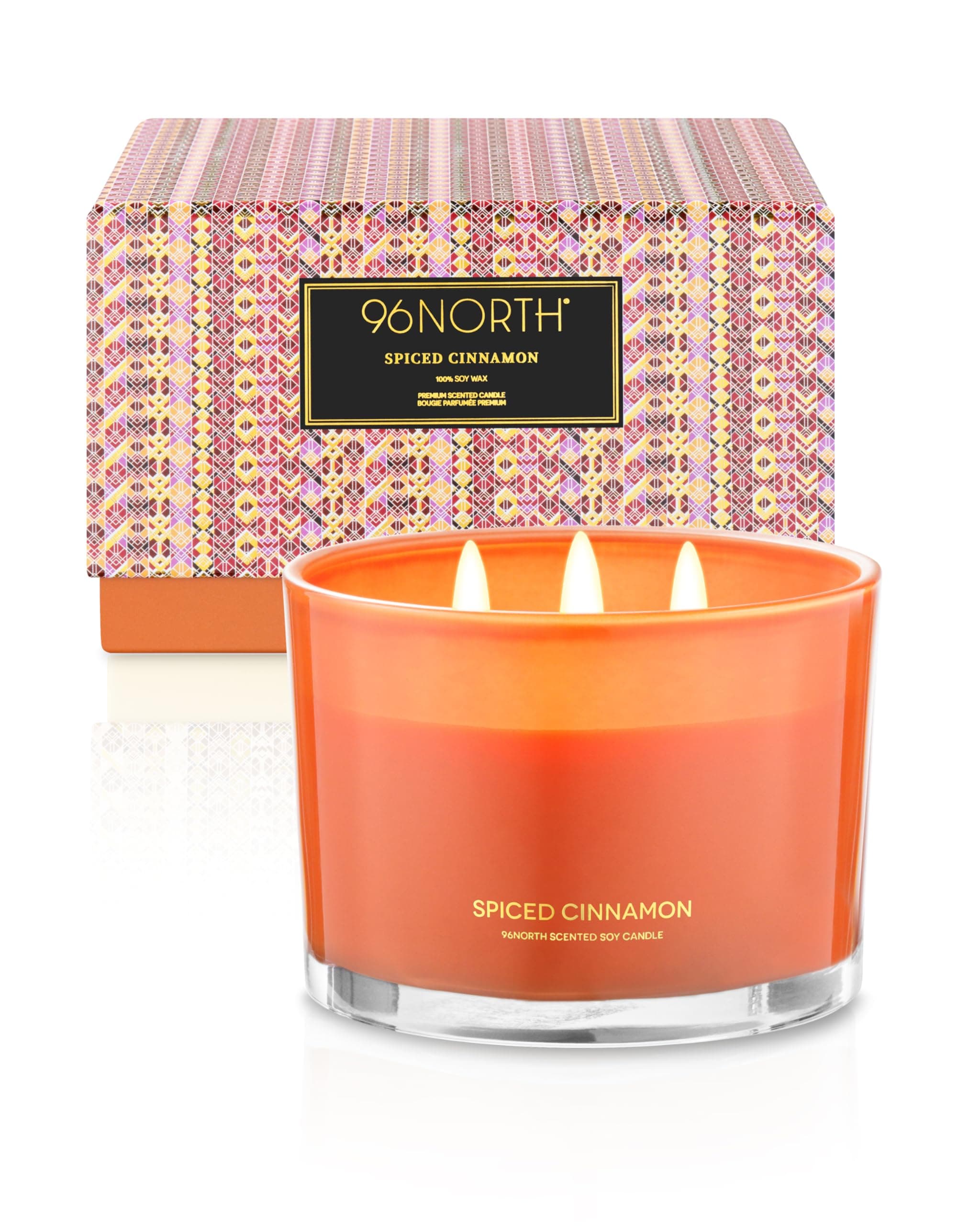96NORTH Luxury Spiced Cinnamon Candle | Large 3 Wick Jar Candle | Up to 50 Hours Burning Time | 100% Natural Soy Wax | Relaxing Aromatherapy Aesthetic Candles | Housewarming Gift for Men and Women