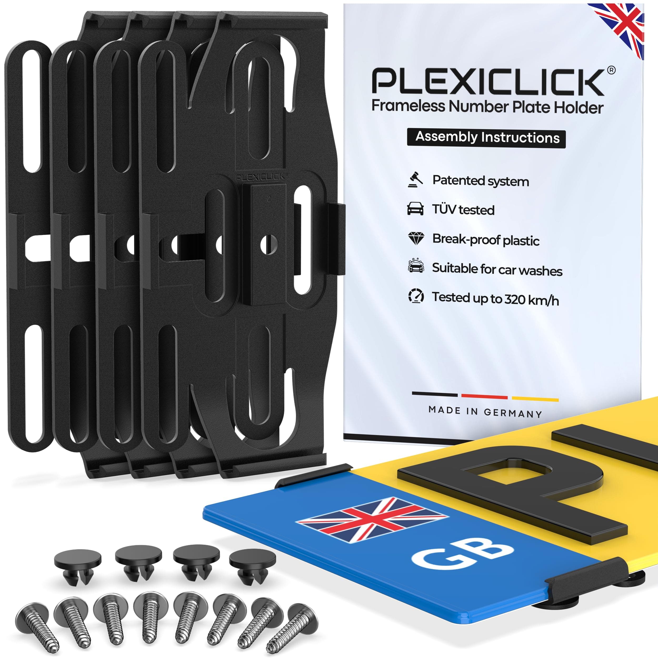 4x Number Plate Holder - Black - Frameless Number Plate Clips For Acrylic UK Number Plates - Universal Reg Plate Holder - Strong & Secure License Plate Holder - 100% Made In Germany
