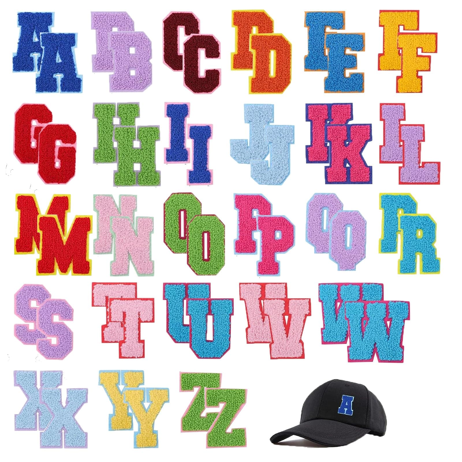 52PCS Iron on Letter Patches A-Z Chenille Patches Embroidered Alphabet Applique Sew on Letter Patches with Ironed Adhesive Letter Punctuation Accent for Decorate Repair Hats Shirts Jeans Bags