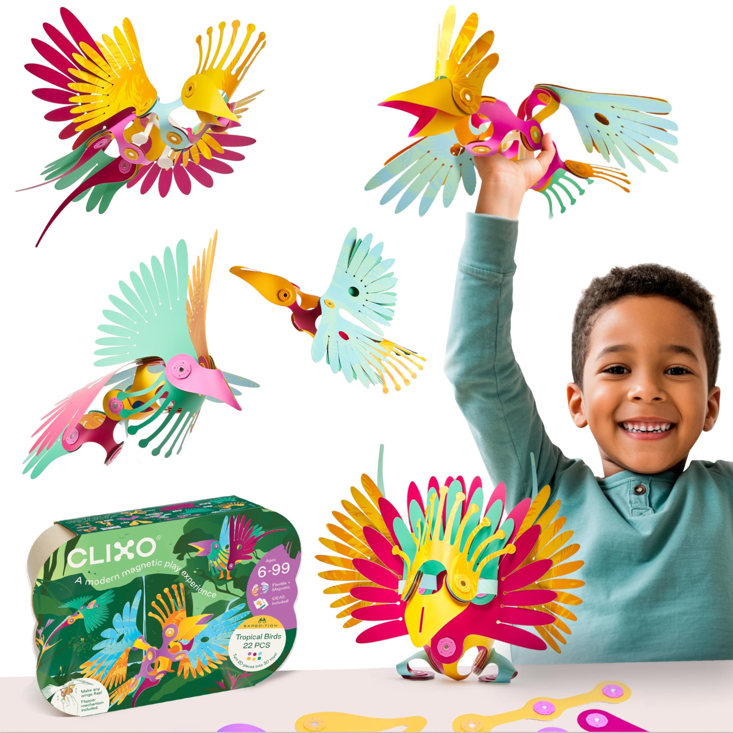 Tropical Birds Pack - Magnetic STEAM Building Toy Set with Custom Wing-Flapping Mechanism for Creative Play, Ages 6+