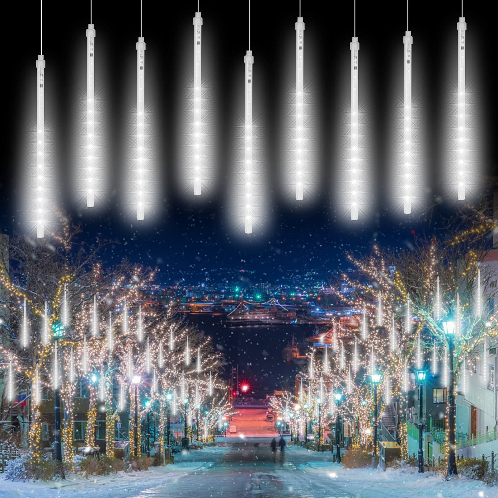 Christmas Lights Outdoor Decorations Yard,Meteor Shower String Lights 12 Inch 8 Tube 192 Led Cascading Lights Waterproof Icicle Ornaments for Xmas Tree Party Garden Decoration,Cold White